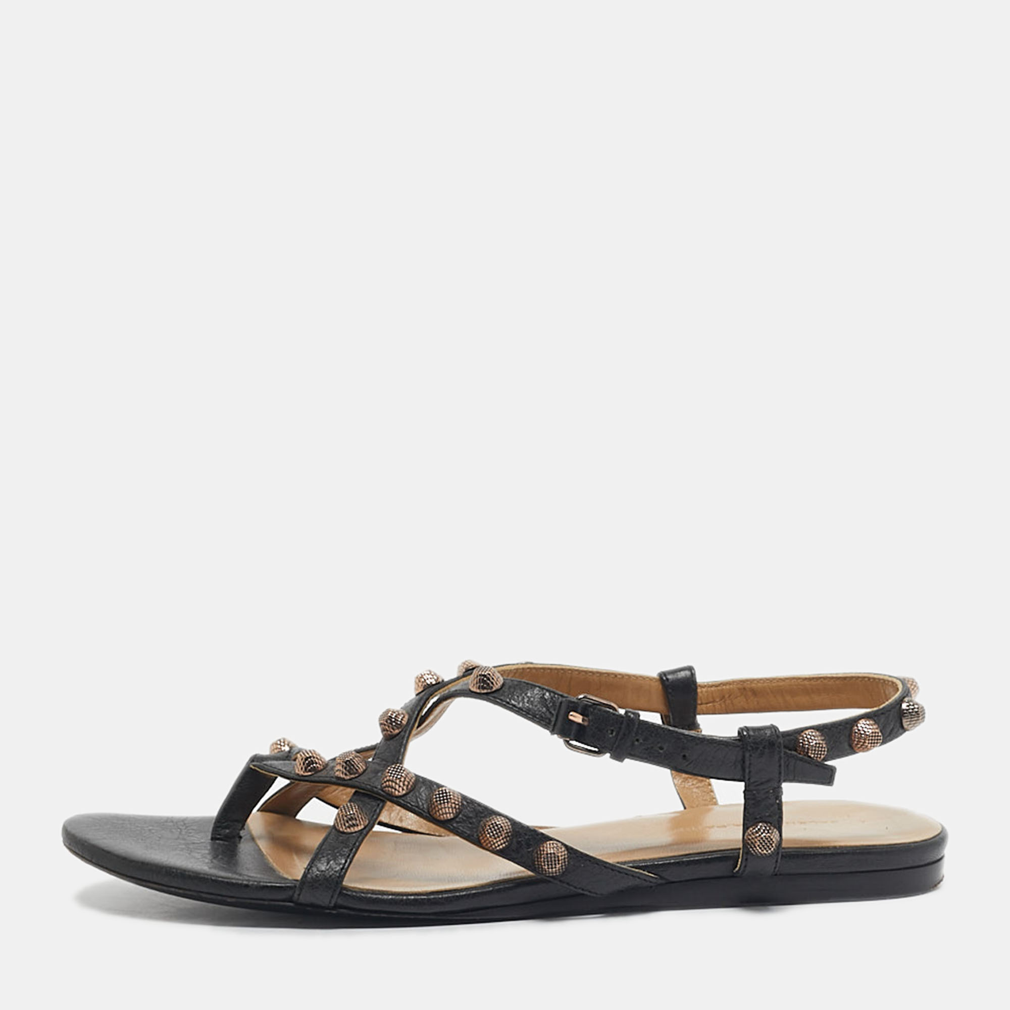 Pre-owned Balenciaga Black Leather Studded Arena Ankle Strap Flat Sandals Size 39.5