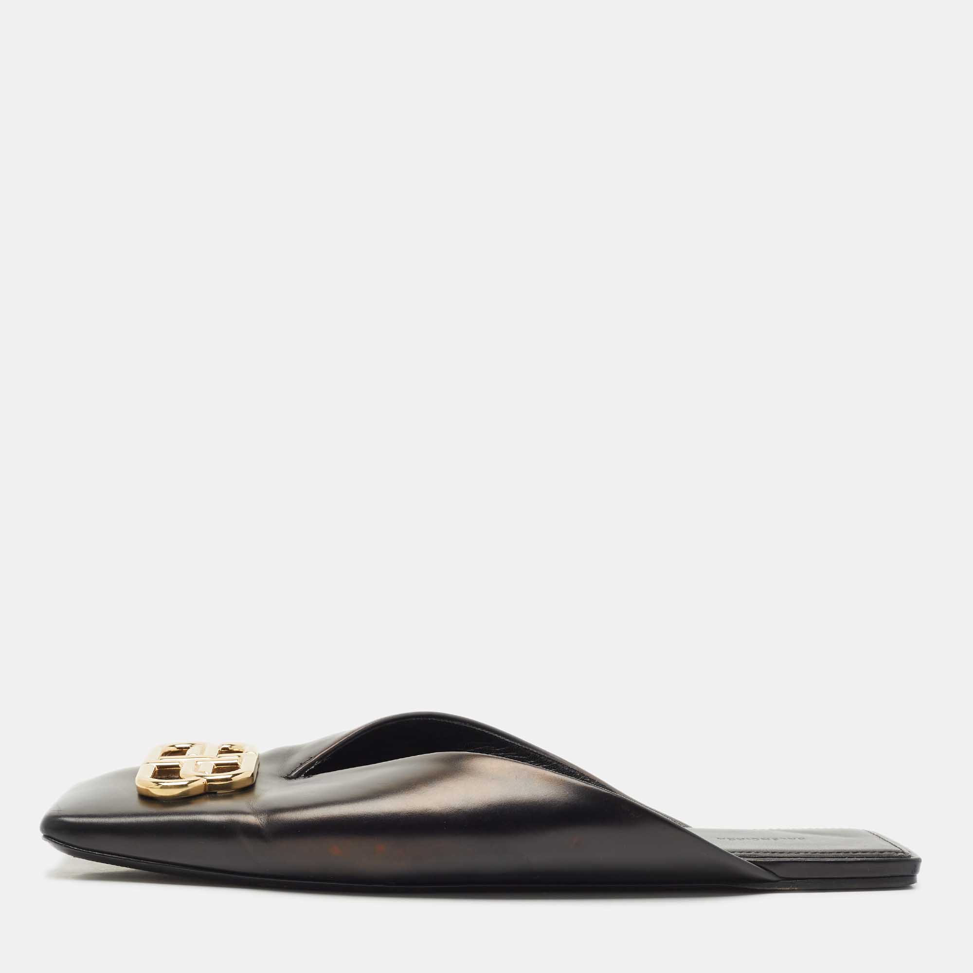 

Balenciaga Black Leather Double Square BB Flat Mules Size