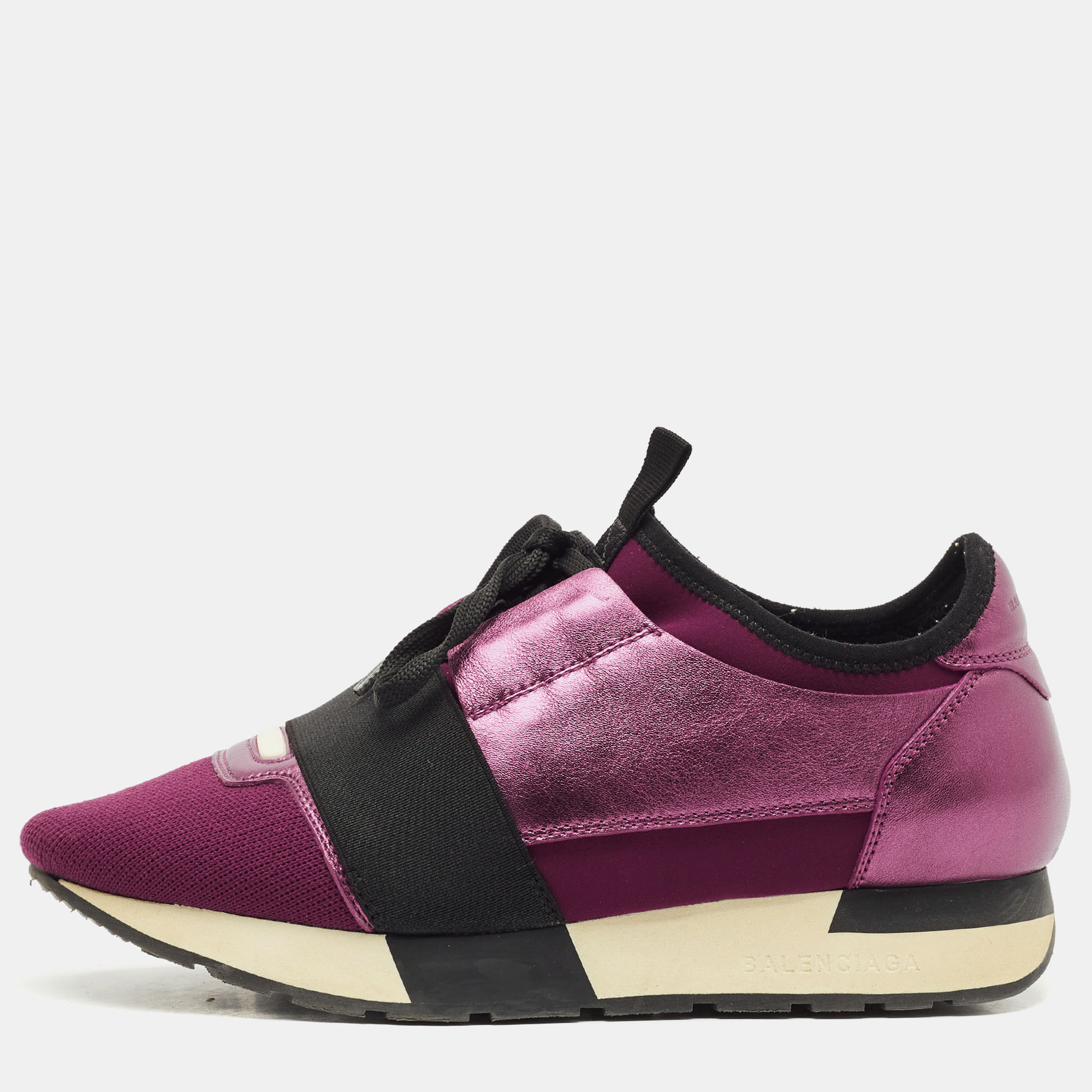 Pre-owned Balenciaga Purple/black Leather And Fabric Race Runner Low Top Sneakers Size 36