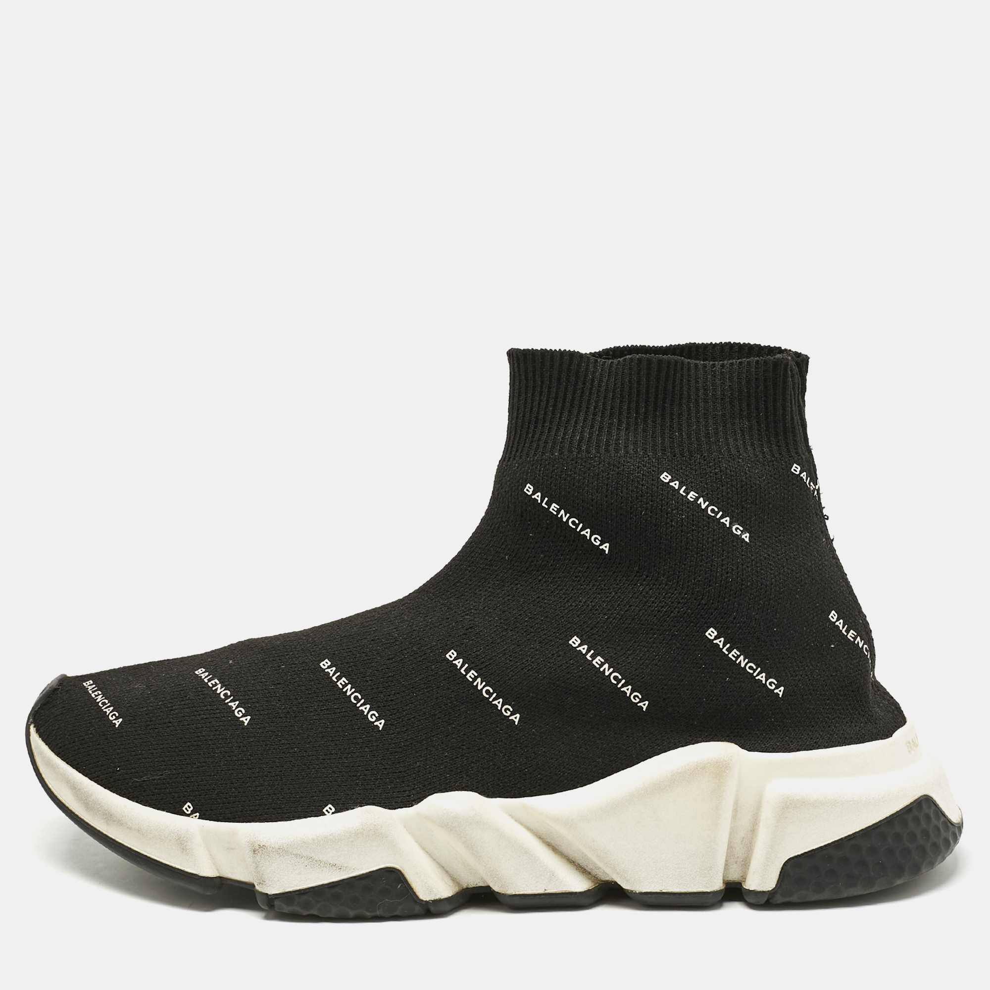 

Balenciaga Black/White Knit Fabric Allover Logo Speed Trainer Sneakers Size