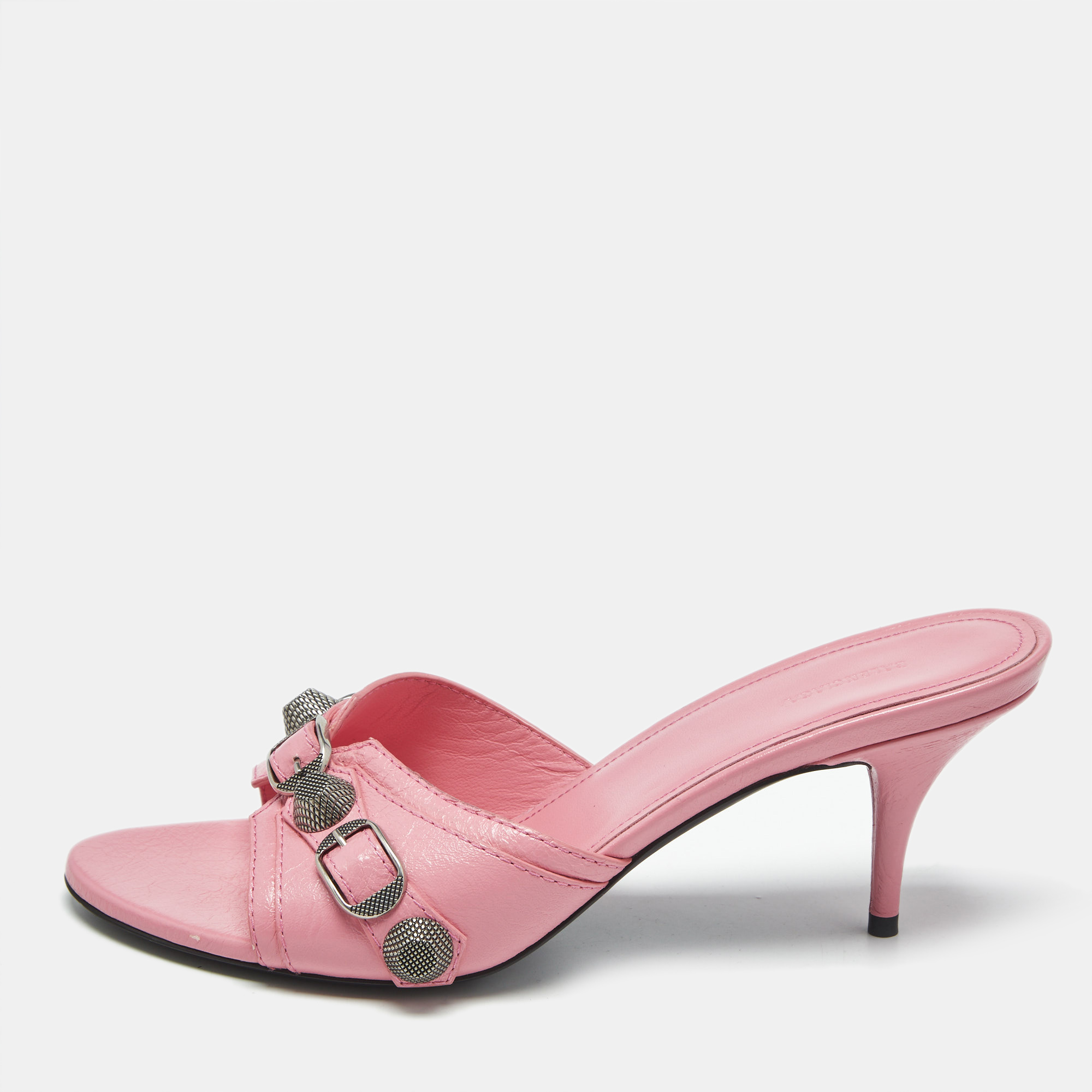 

Balenciaga Pink Leather Le Cagole Studded Slide Sandals Size