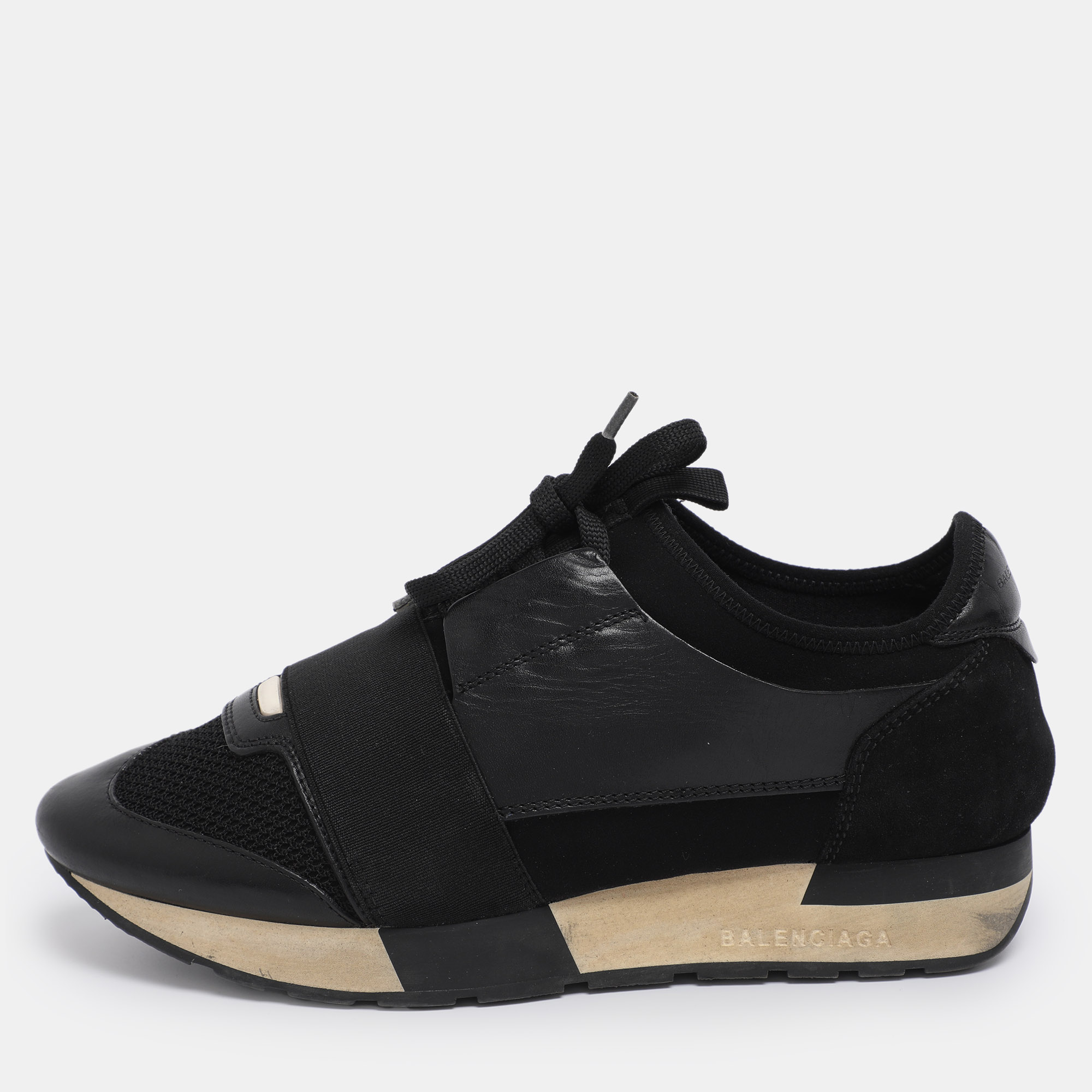 

Balenciaga Black Leather and Mesh Race Runner Low Top Sneakers Size