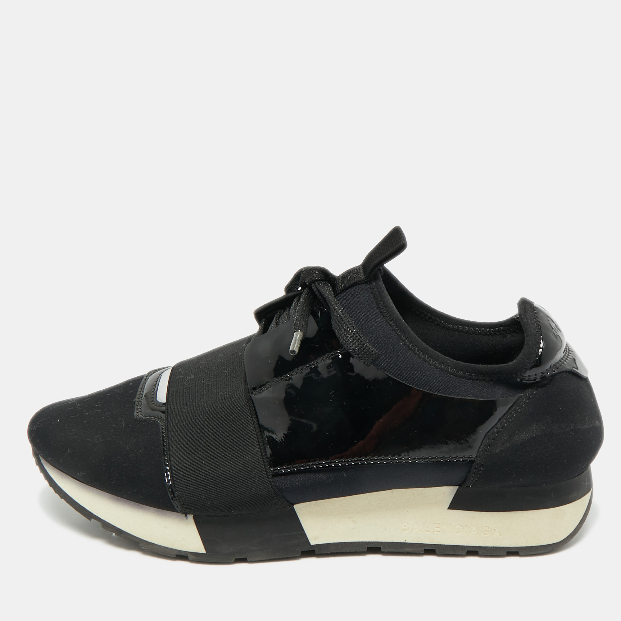 Pre-owned Balenciaga Black Nylon And Patent Leather Race Runner Lace Up Sneakers Size 38