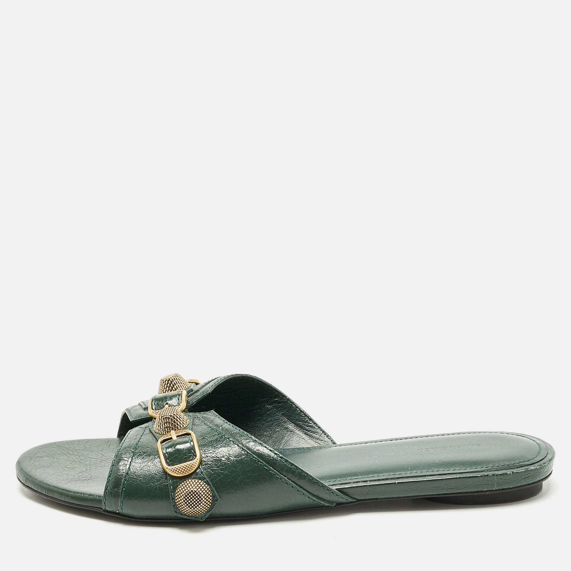 

Balenciaga Green Leather Studded Cagole Flat Slides Size