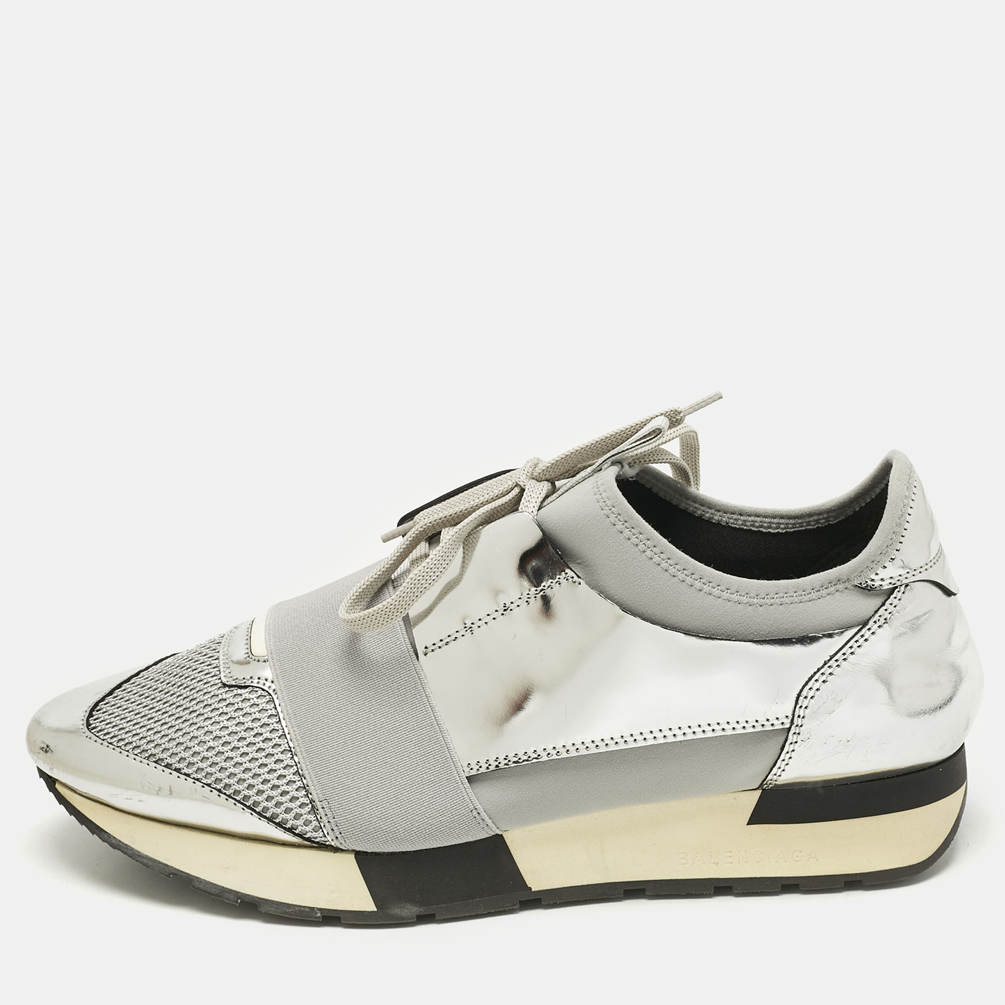 Balenciaga Grey/Silver Mesh And Leather Race Runner Sneakers Size 41