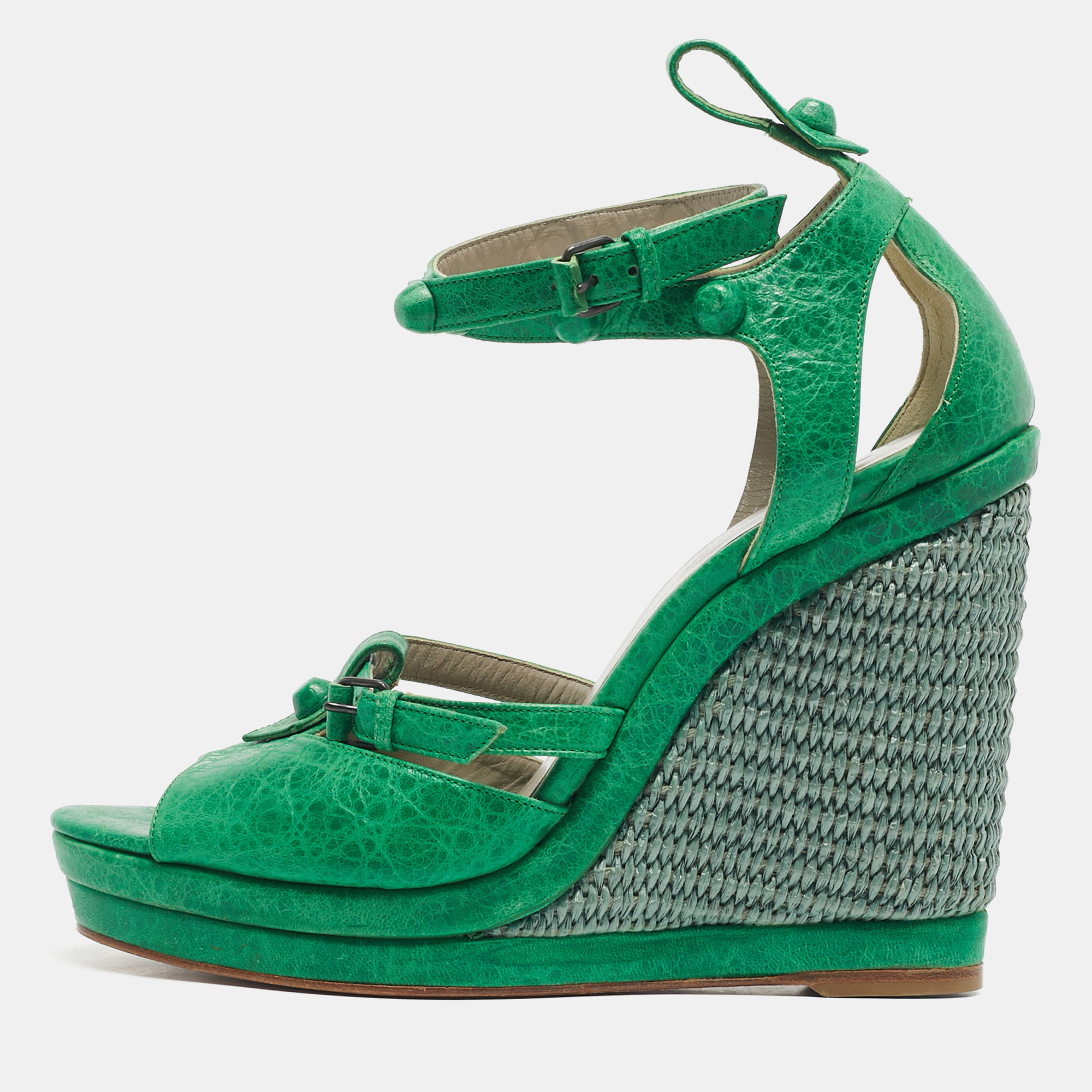

Balenciaga Green Leather Studded Wedge Sandals Size