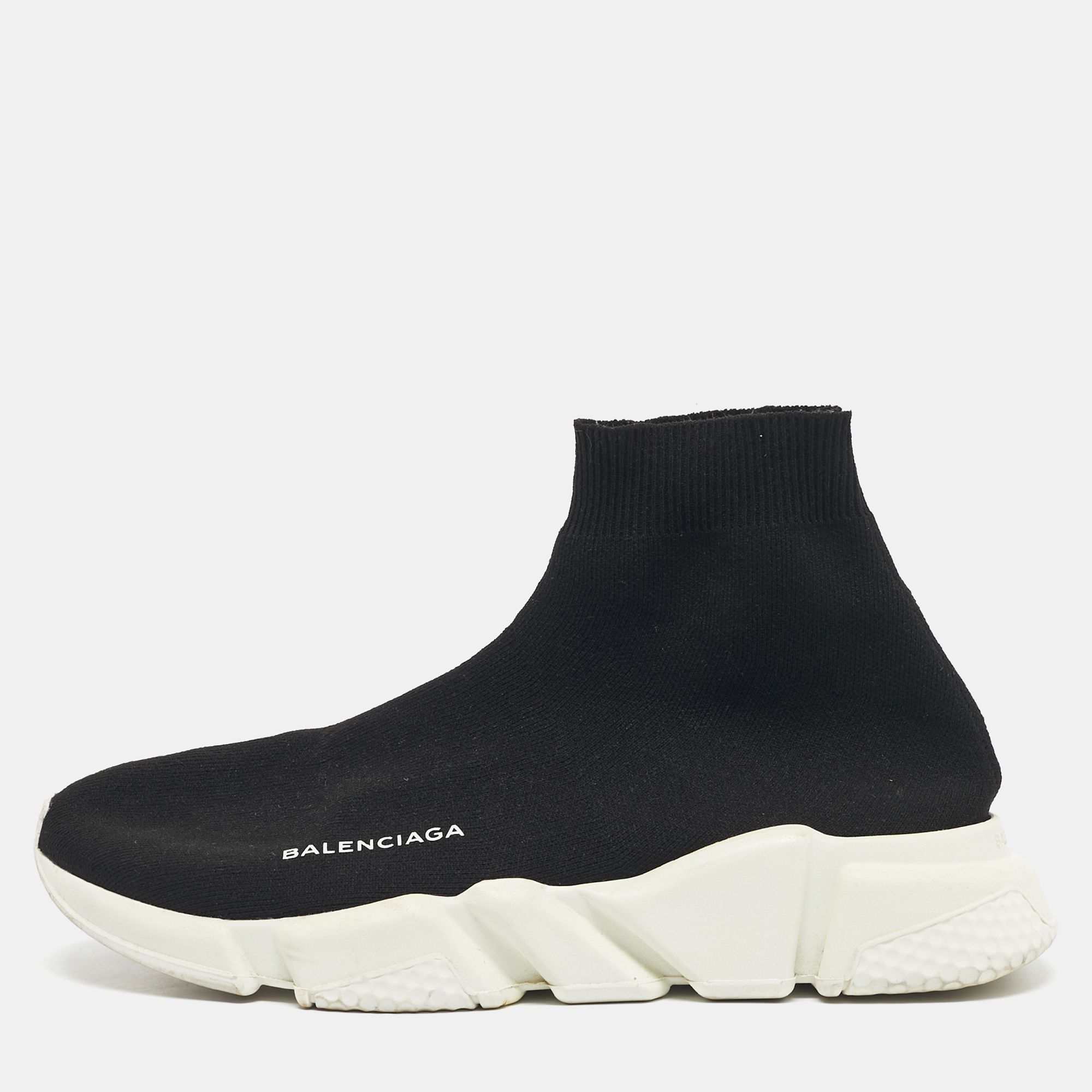 Pre-owned Balenciaga Black Knit Fabric Speed Trainer High Top Sneakers Size 40