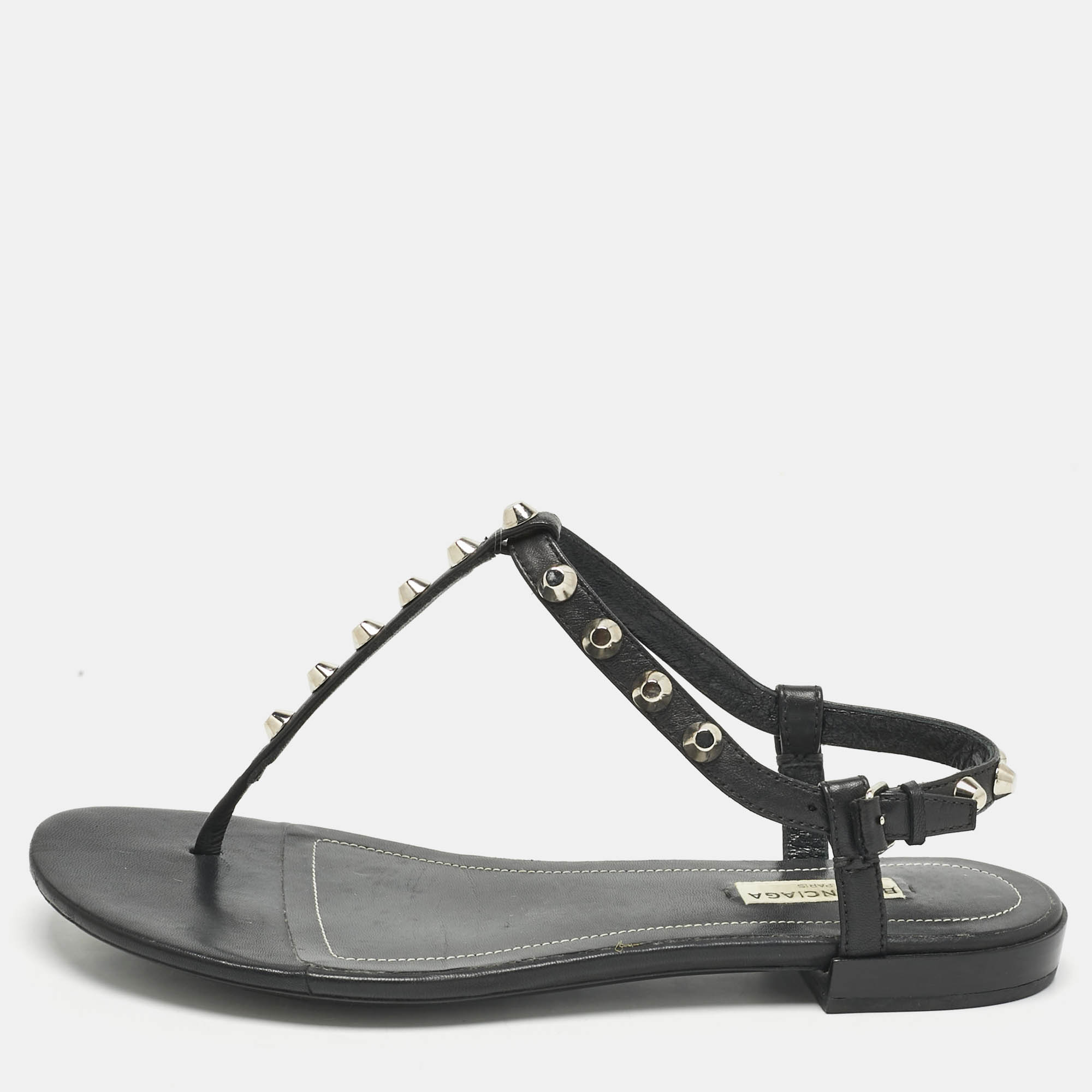 Balenciaga Black Leather Arena Thong Flats Size 39.5