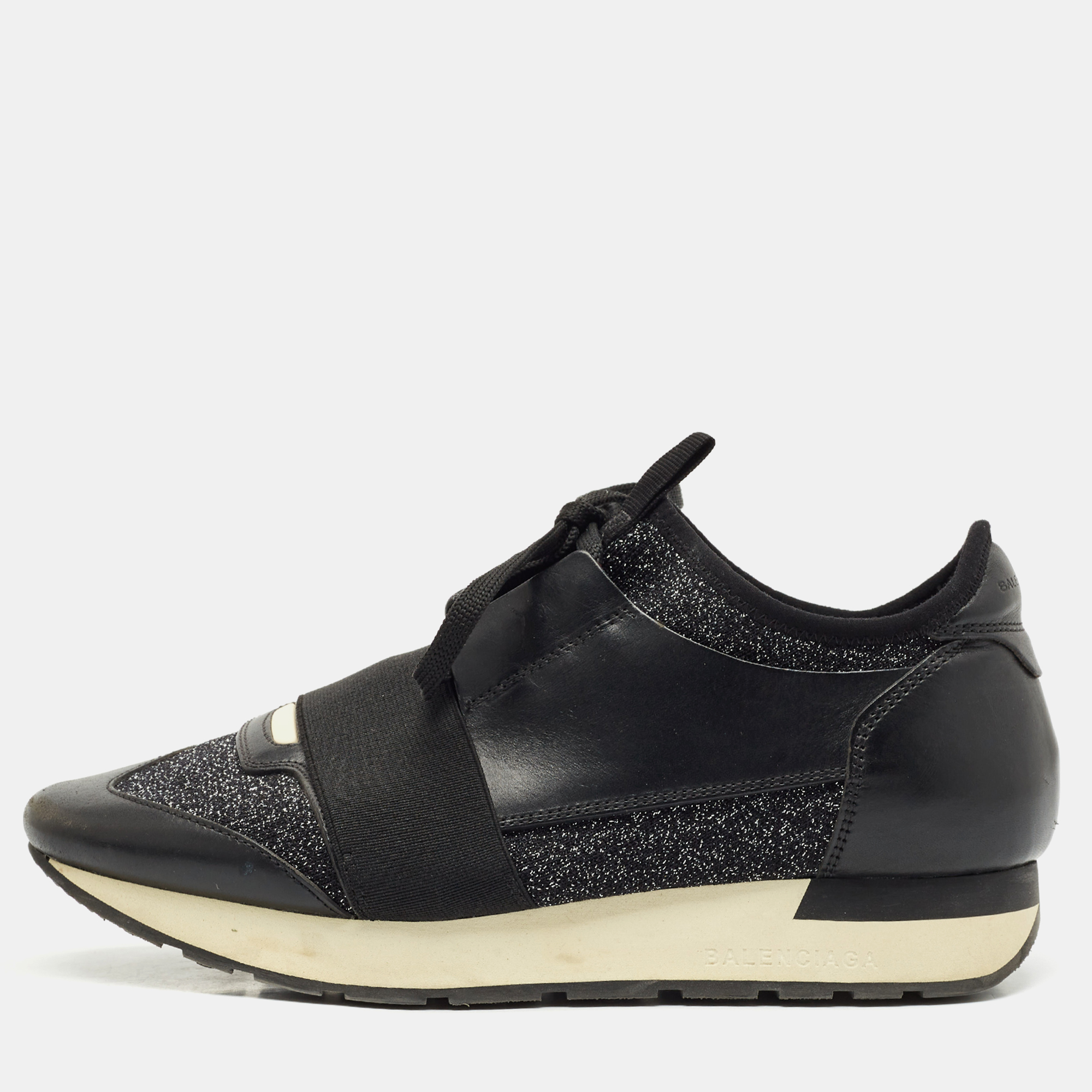 Pre-owned Balenciaga Black/silver Fabric And Leather Race Runner Lace Up Sneakers Size 38