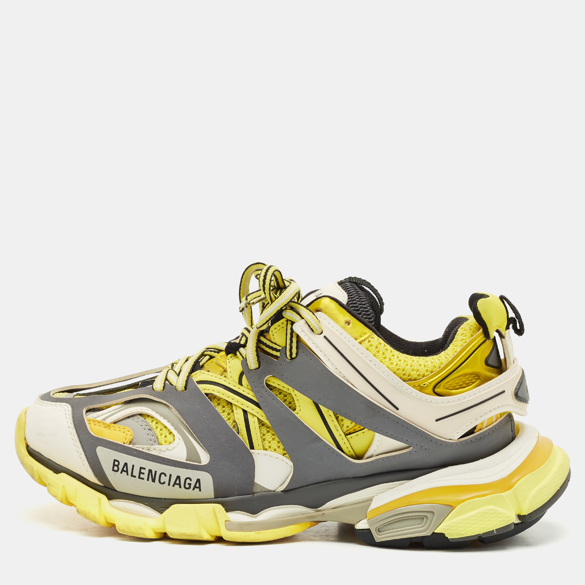 

Balenciaga Yellow/Grey Faux Leather and Mesh Track Low Top Sneakers Size