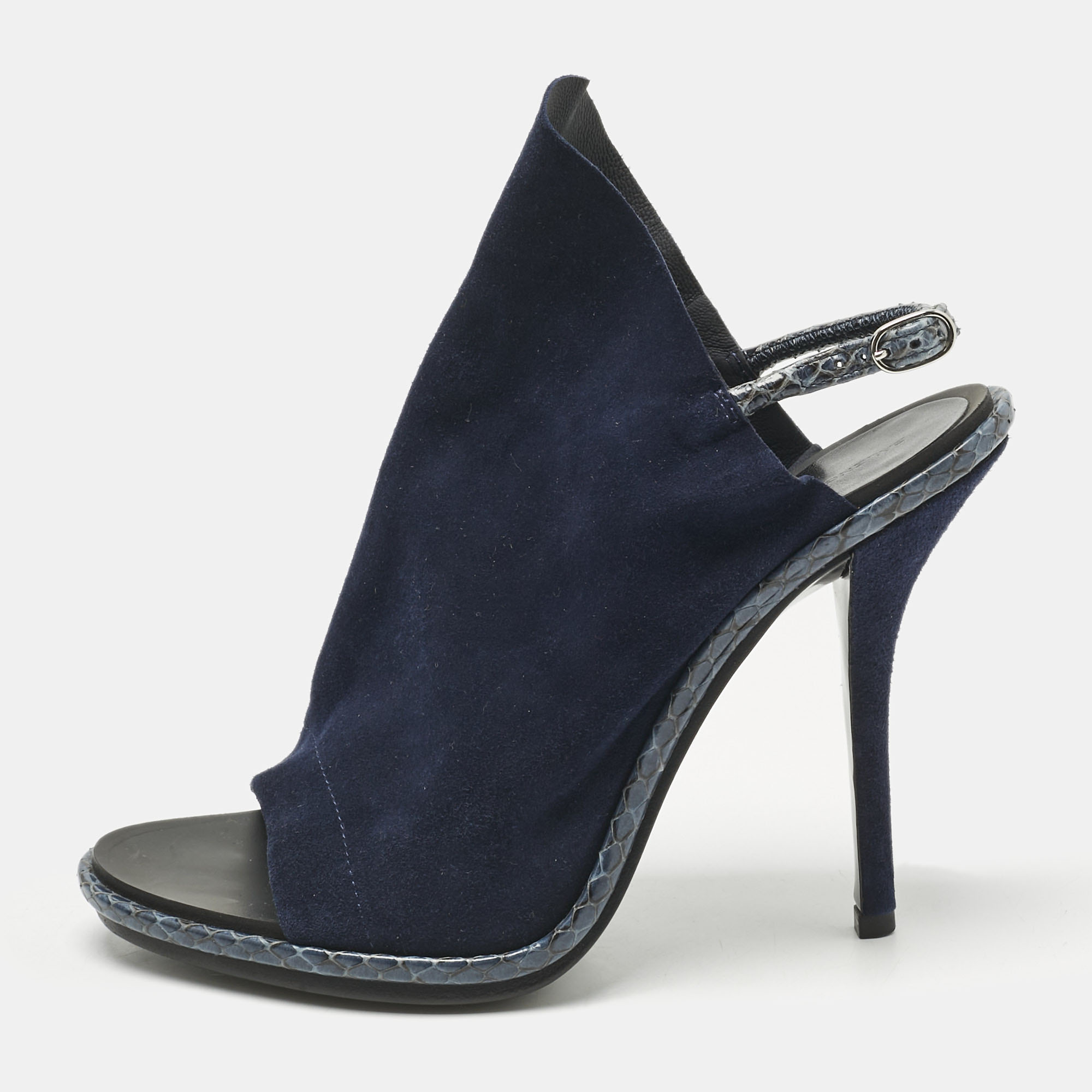 

Balenciaga Navy Blue Suede and Python Open Toe Glove Slingback Sandals Size