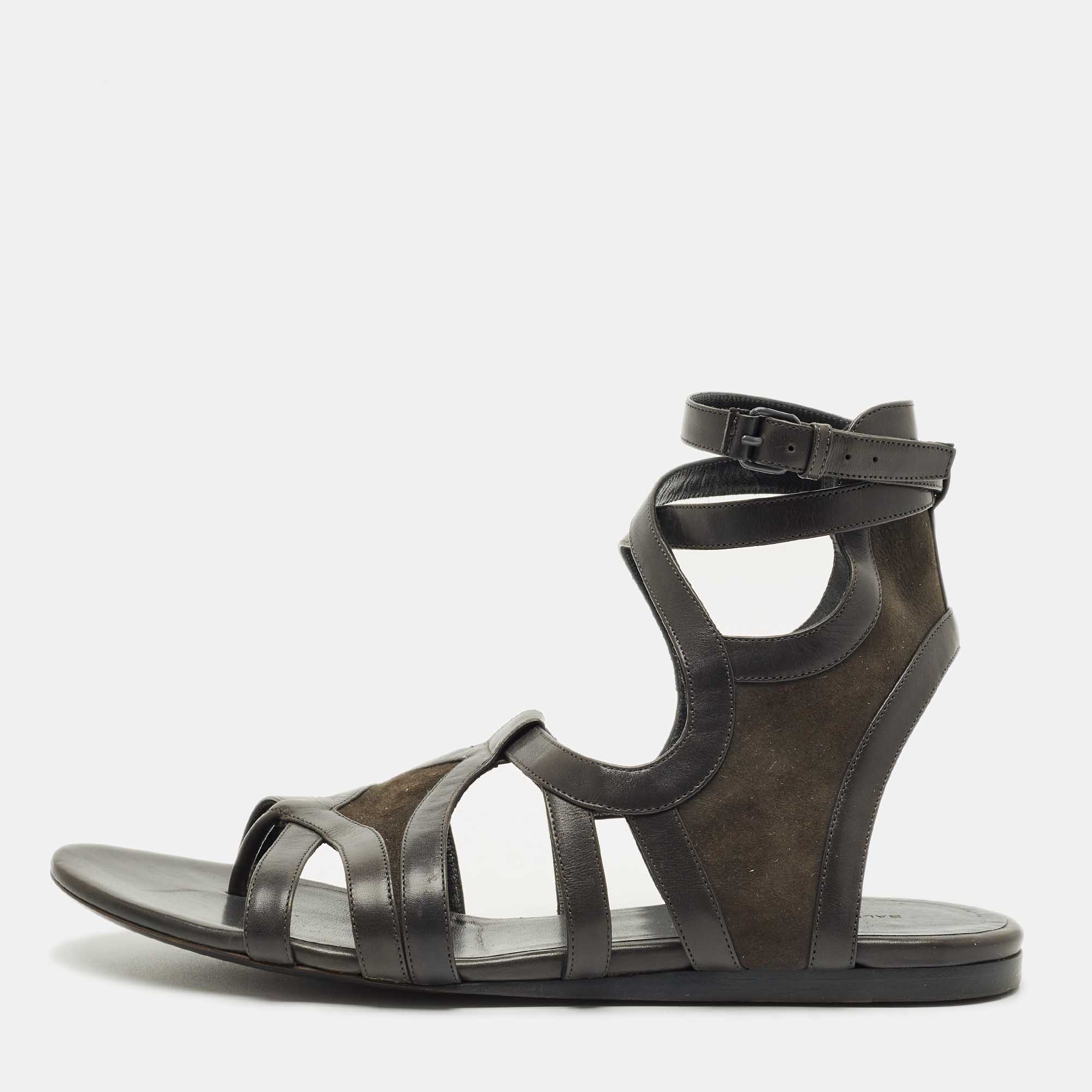 Pre-owned Balenciaga Green Leather And Suede Strappy Flat Sandals Size 40