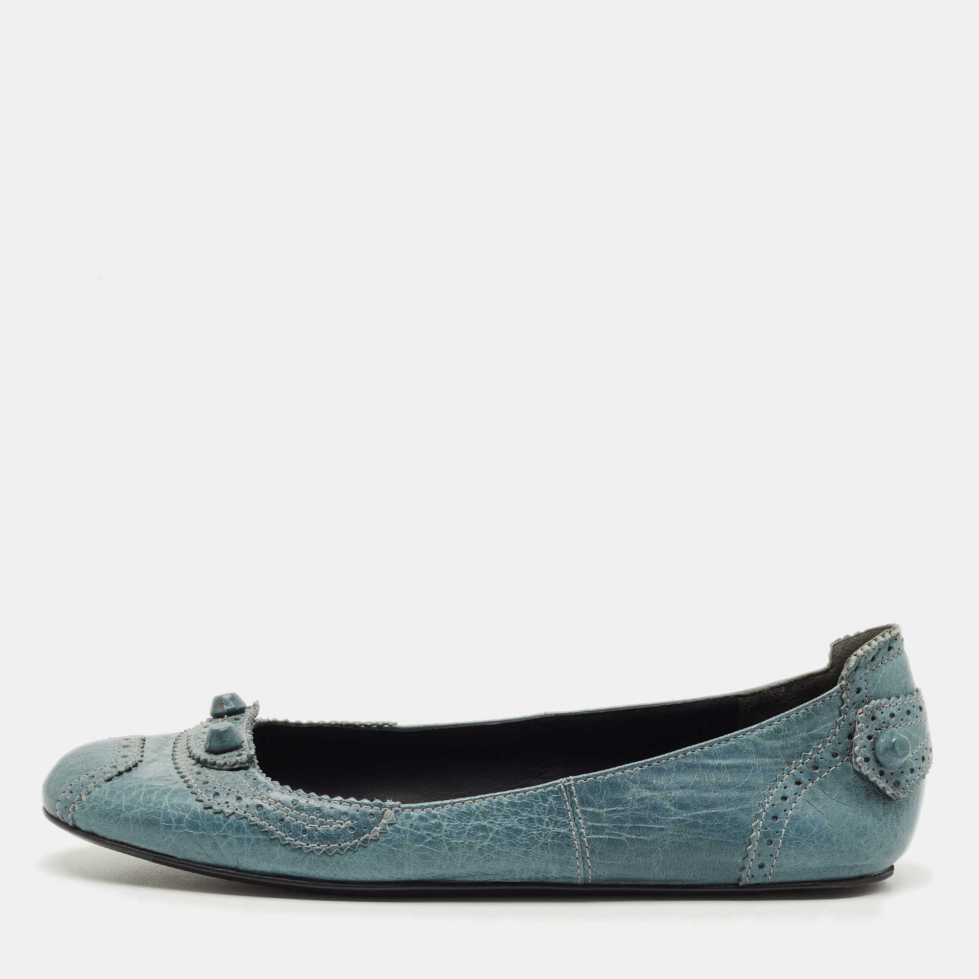 Pre-owned Balenciaga Blue Brogue Leather Arena Studded Ballet Flats Size 39.5