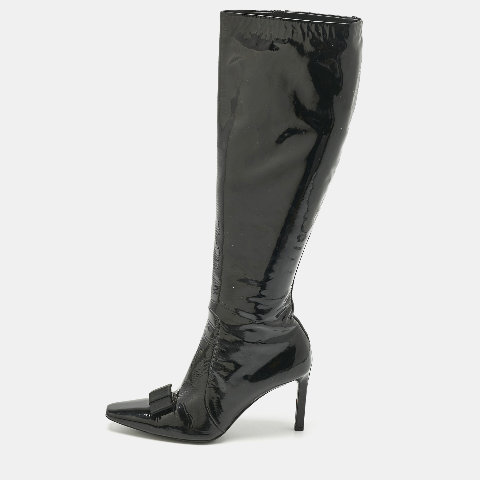 Pre-owned Balenciaga Black Patent Leather Bow Details Knee Length Boots Size 36