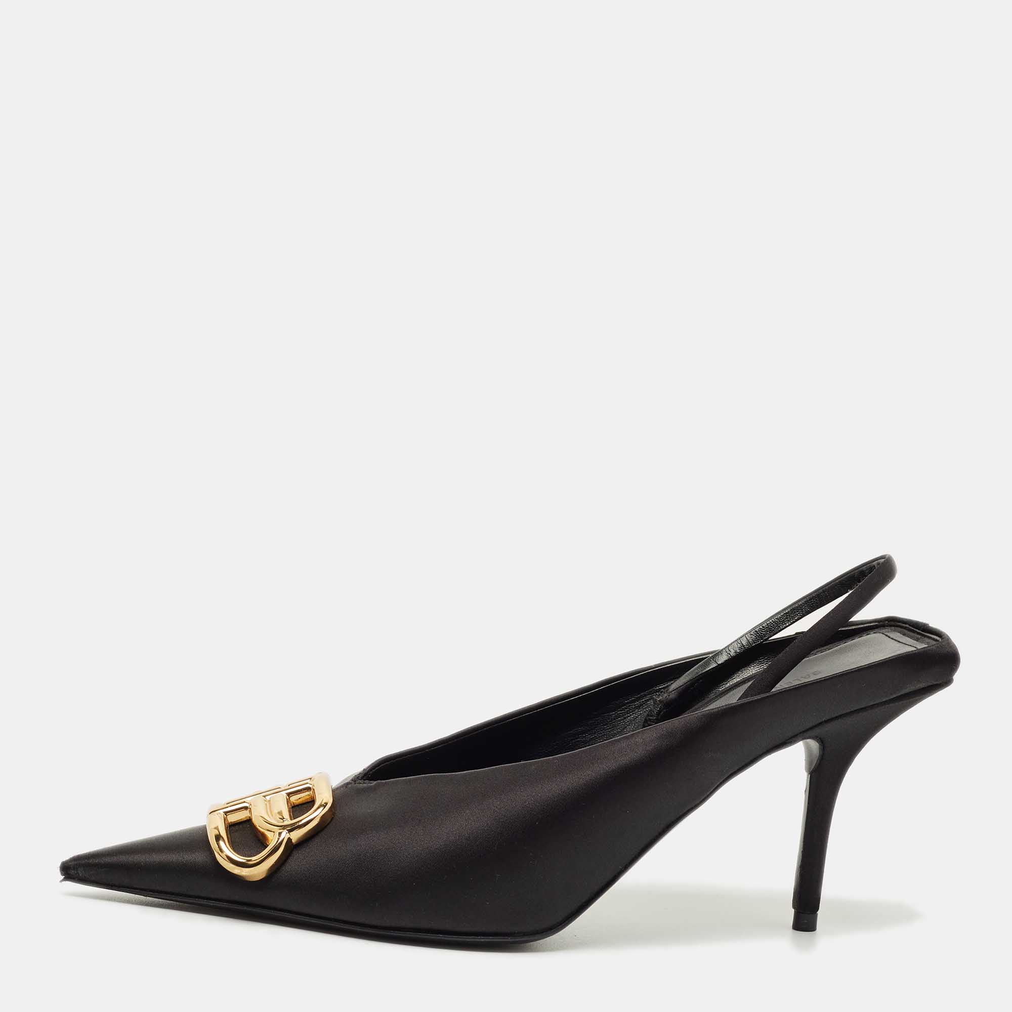 

Balenciaga Black Satin Knife BB Slingback Pumps Size