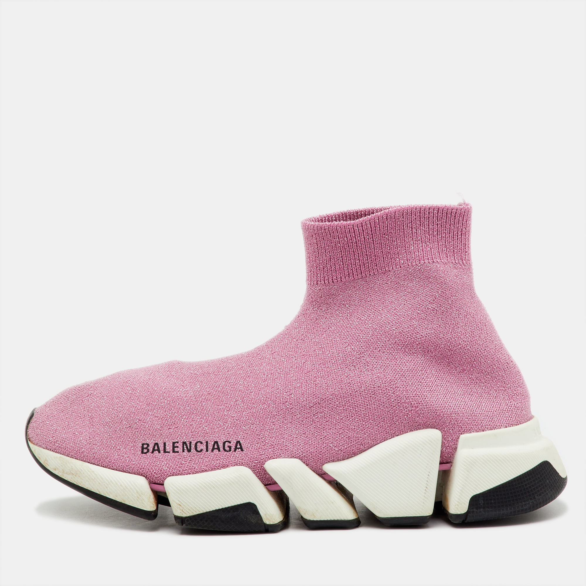Pre-owned Balenciaga Metallic Pink Knit Fabric Speed Trainer Slip On Sneakers Size 37