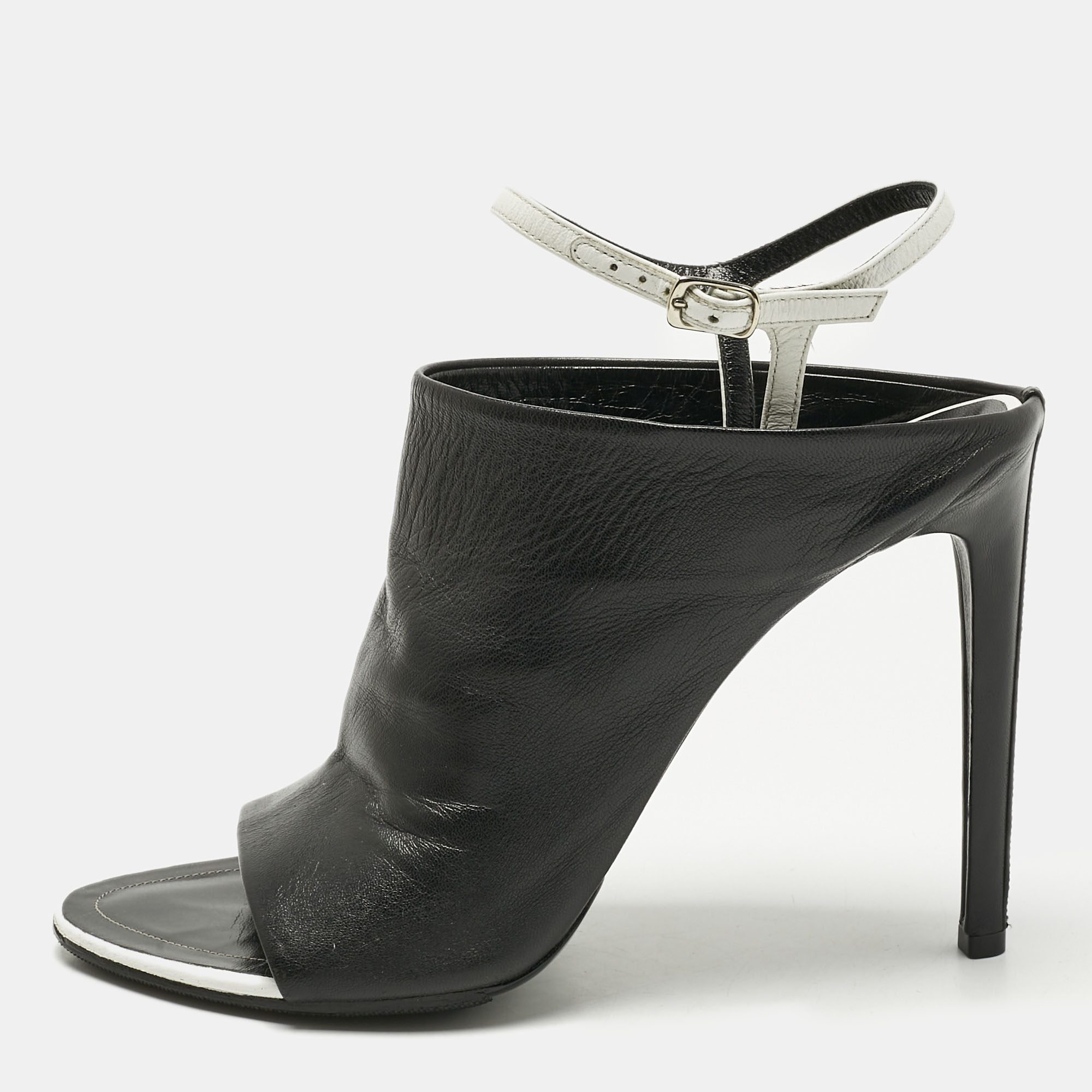 Pre-owned Balenciaga Black/white Leather Glove Ankle Strap Open Toe Mules Size 40.5