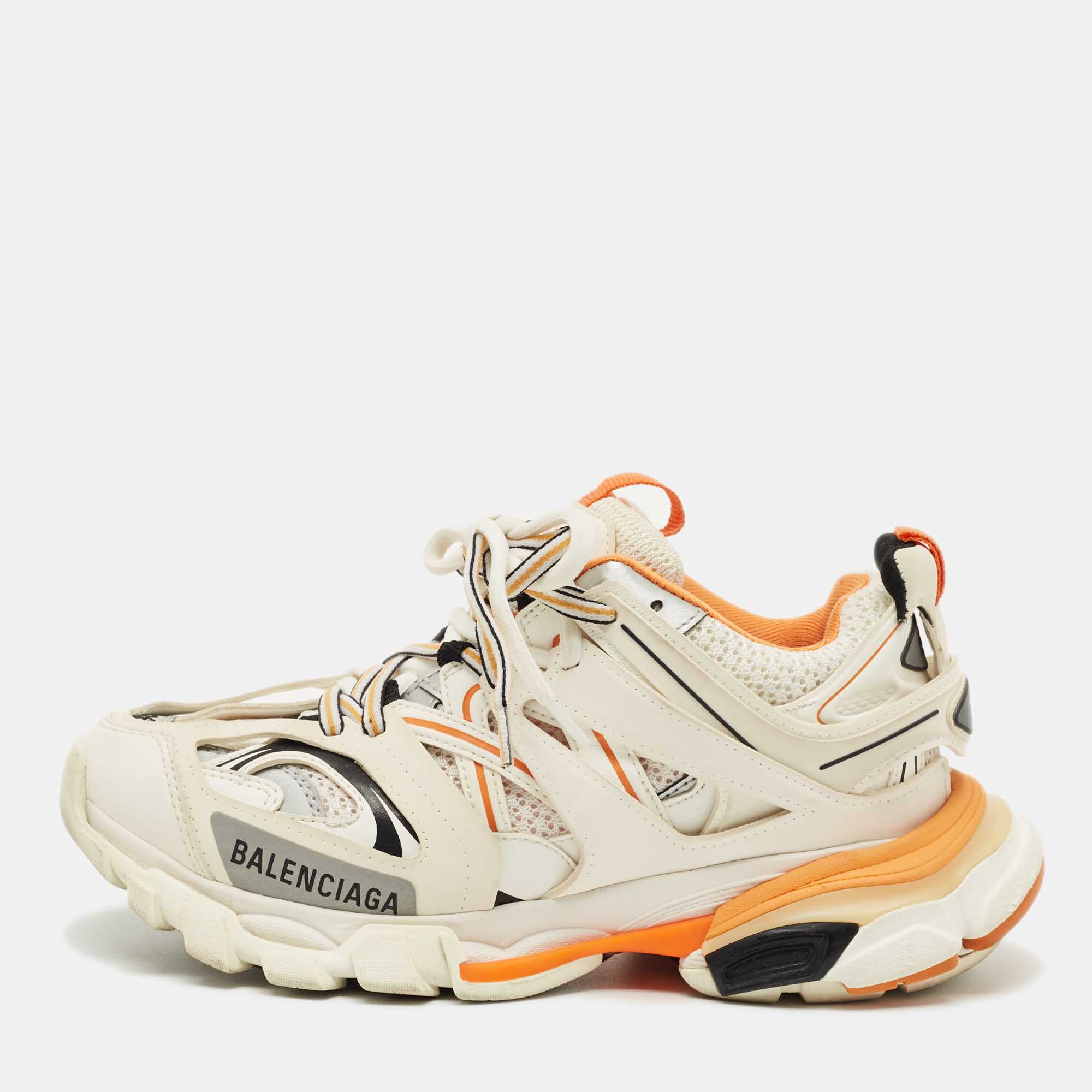 Pre-owned Balenciaga White/orange Mesh And Faux Leather Track Low Top Sneakers Size 36