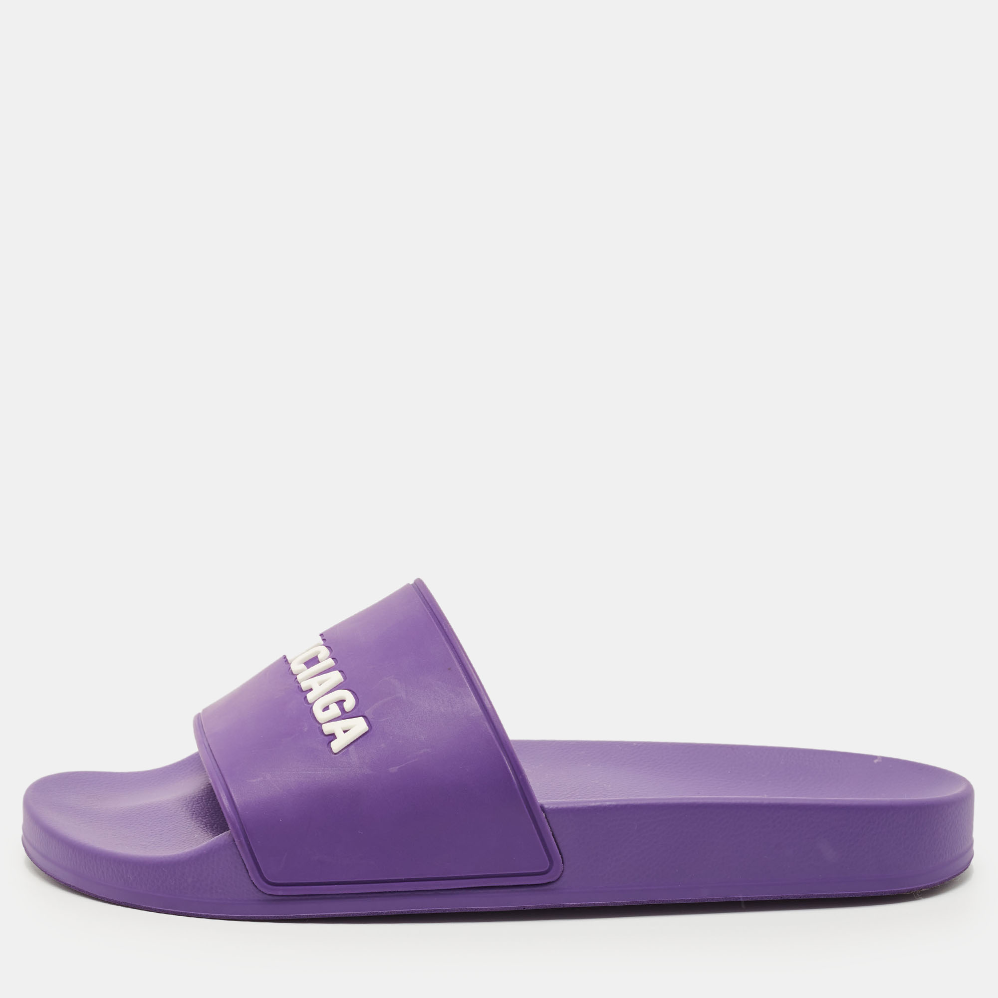 Pre-owned Balenciaga Purple/white Rubber Logo Pool Slides Size 42