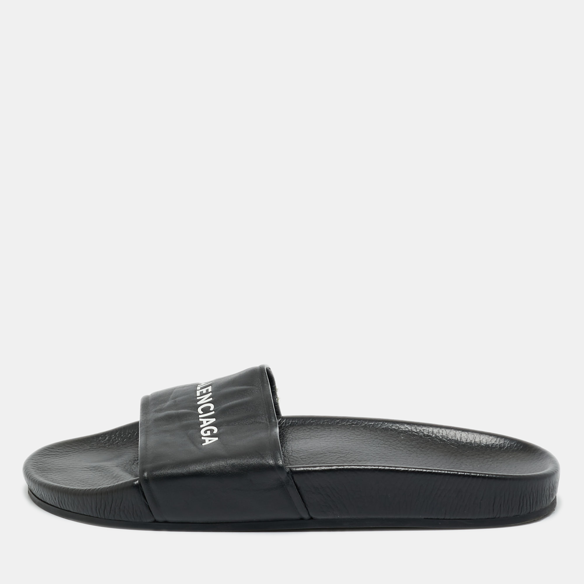 Balenciaga Black Logo Stamped Leather Slide Sandals Size 39