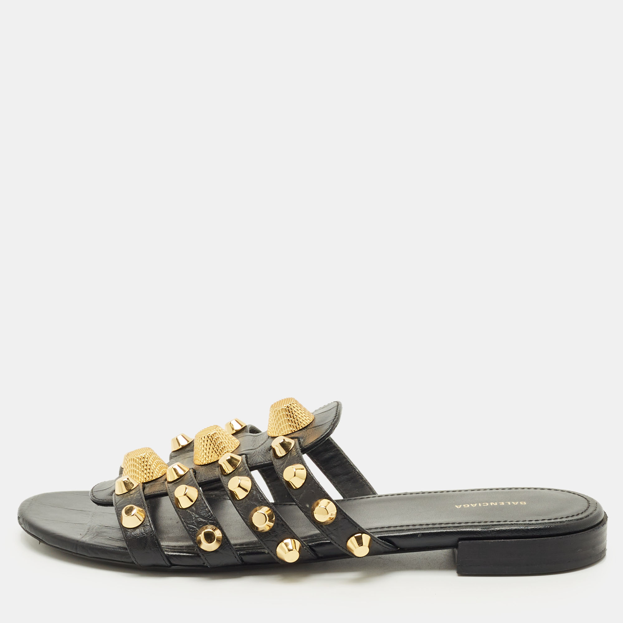 Pre-owned Balenciaga Black Leather Studded Arena Flat Slides Size 38