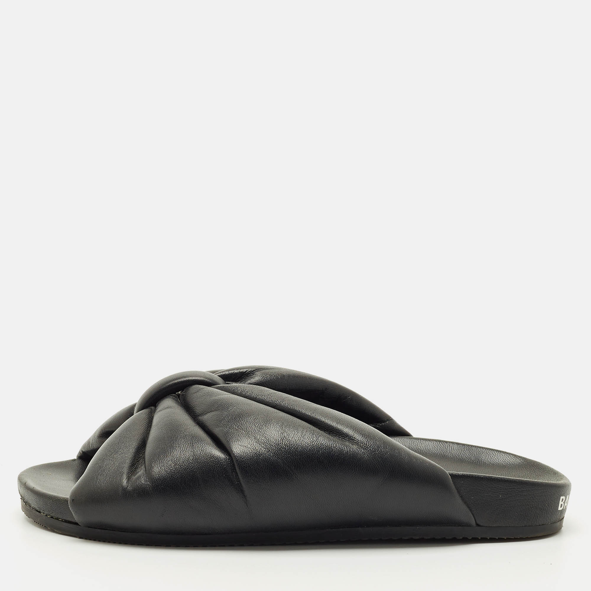 Pre-owned Balenciaga Black Leather Drapy Flat Slide Size 37