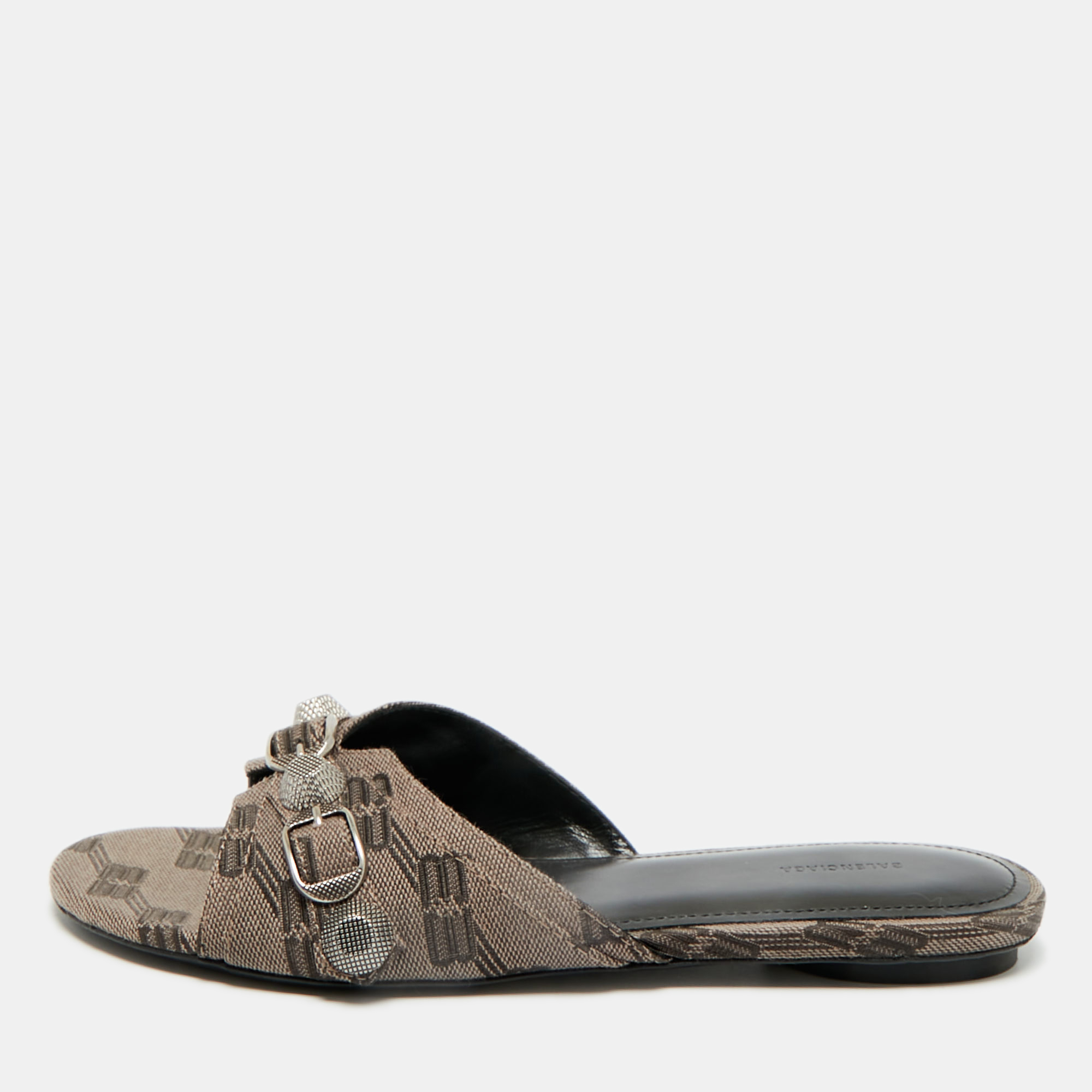 Pre-owned Balenciaga Brown Bb Print Canvas Cagole Flat Slides Size 37