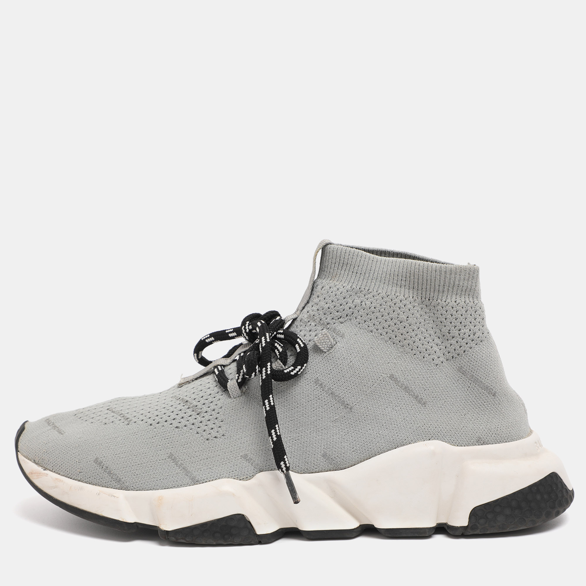 Pre-owned Balenciaga Grey Knit Fabric Speed Trainer Lace Up Sneakers Size 40 In Gray