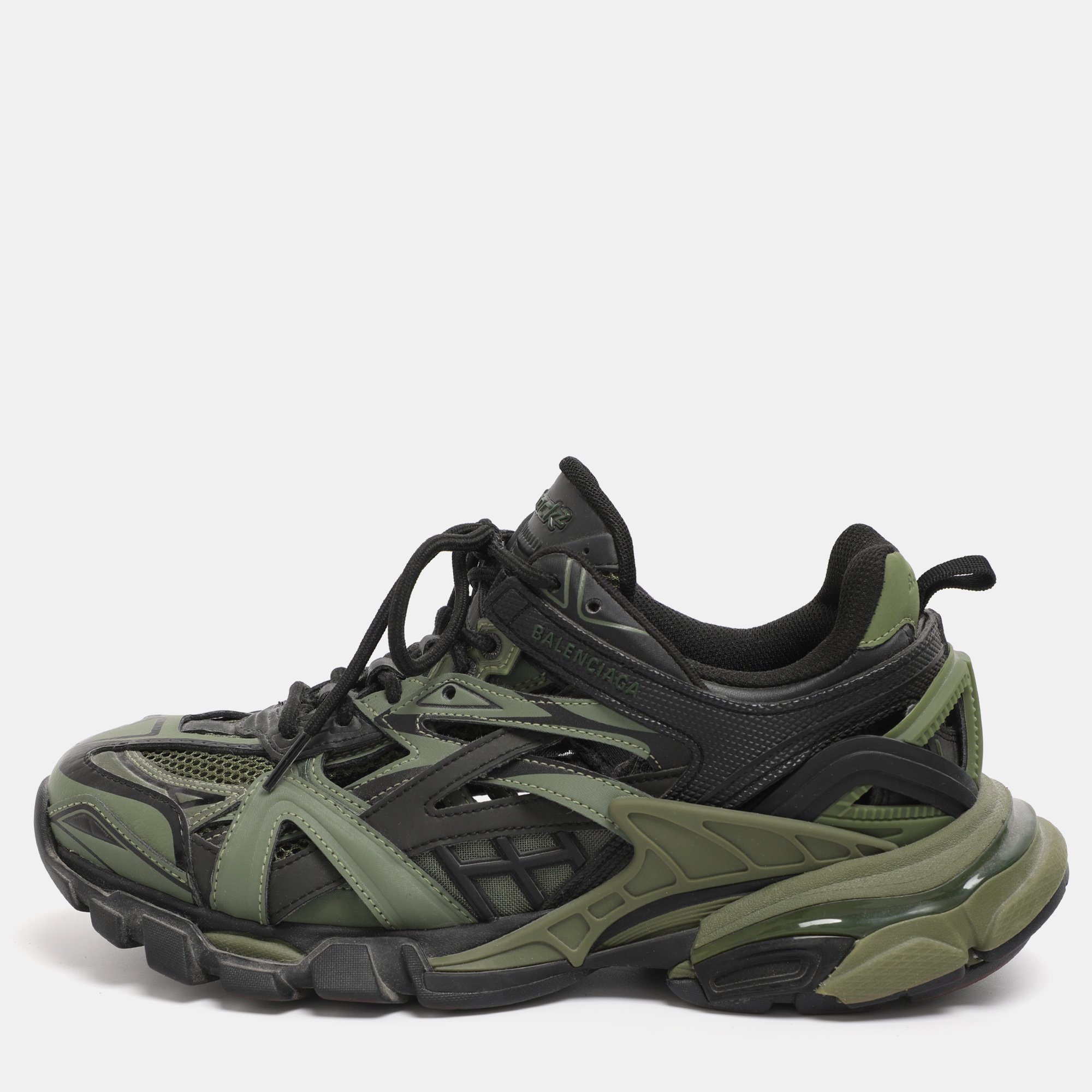 Pre-owned Balenciaga Green/black Faux Leather And Mesh Track Low Top Sneakers Size 41