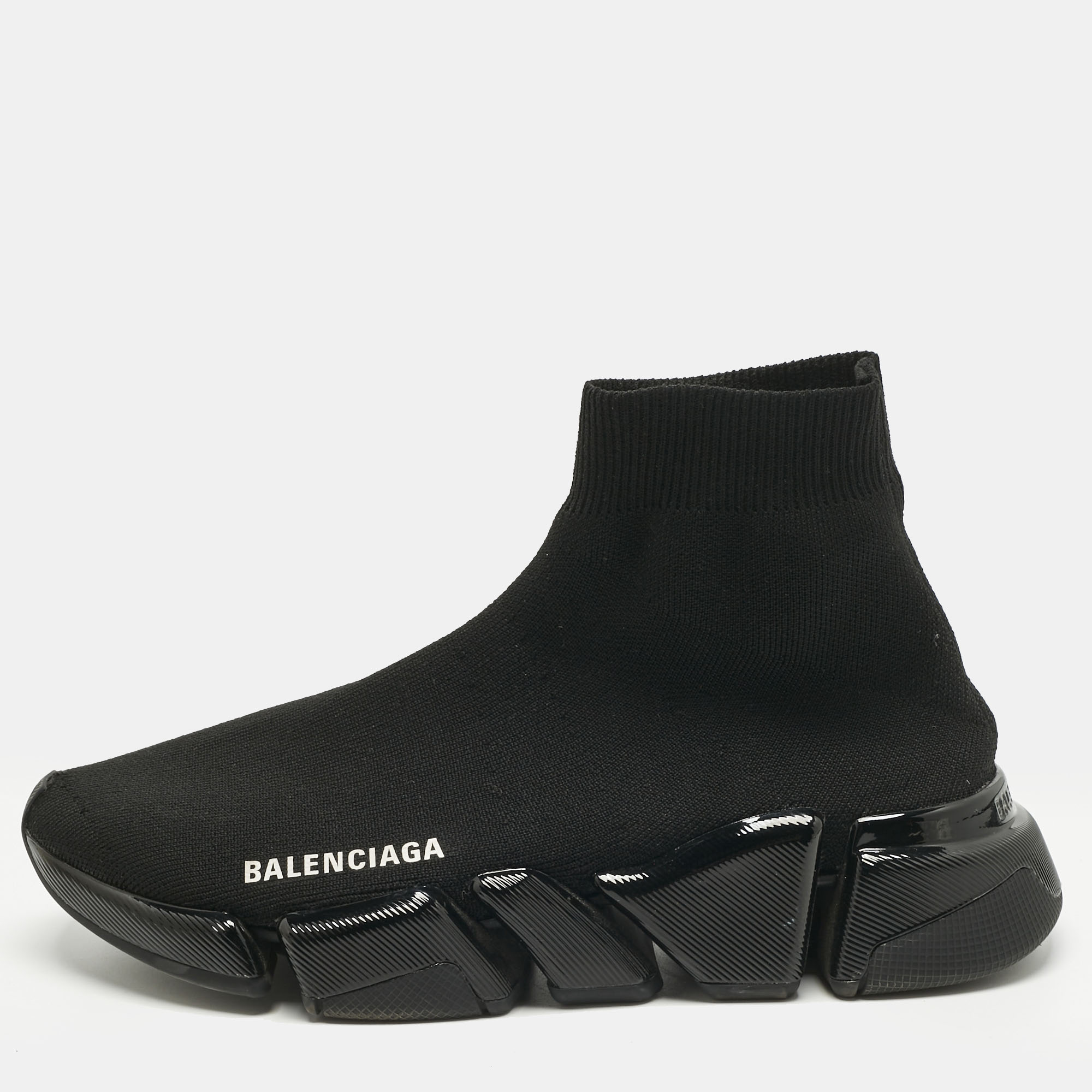 Pre-owned Balenciaga Black Knit Fabric Speed Trainer High Top Sneakers Size 37