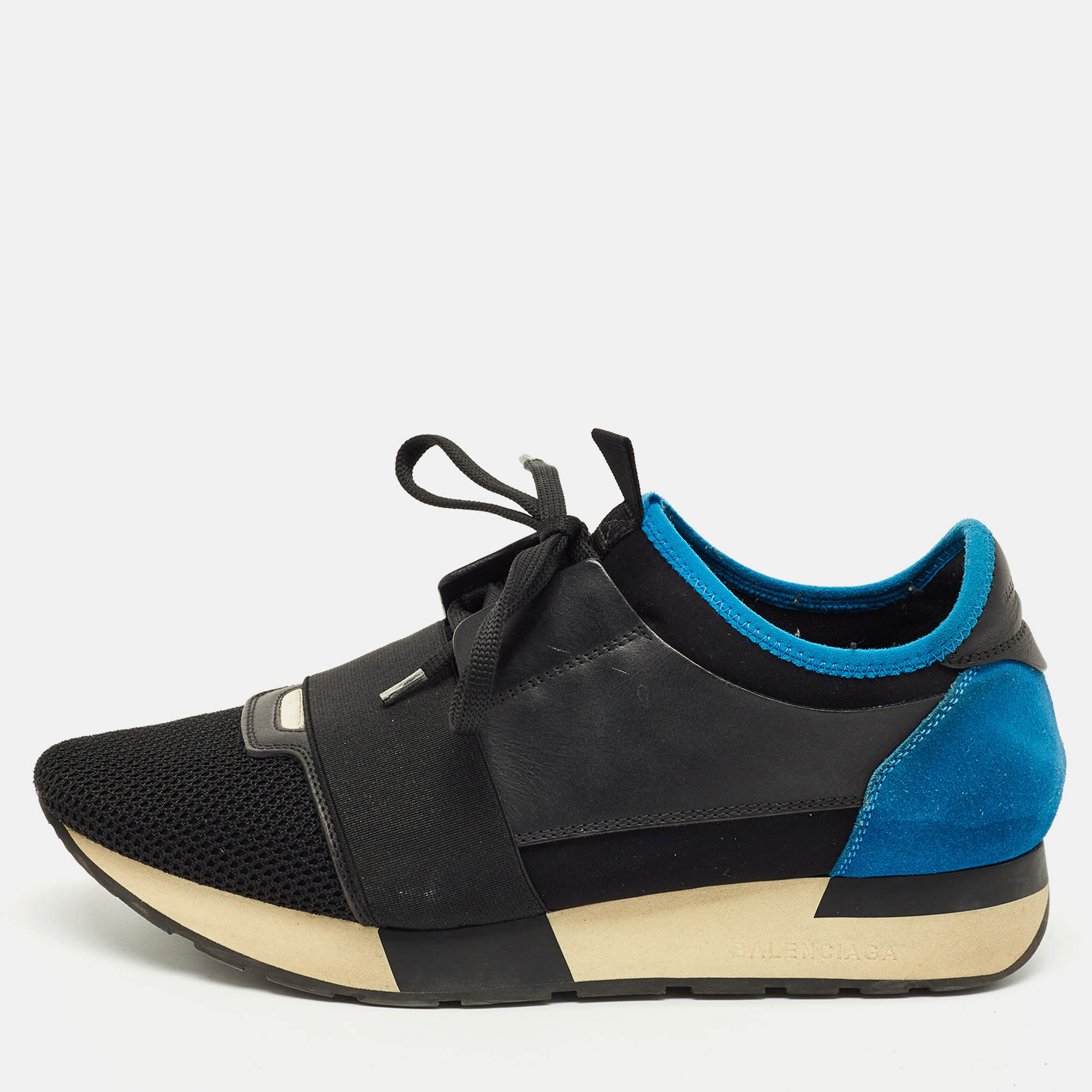 Pre-owned Balenciaga Black/blue Fabric And Leather Race Runner Low Top Sneakers Size 39