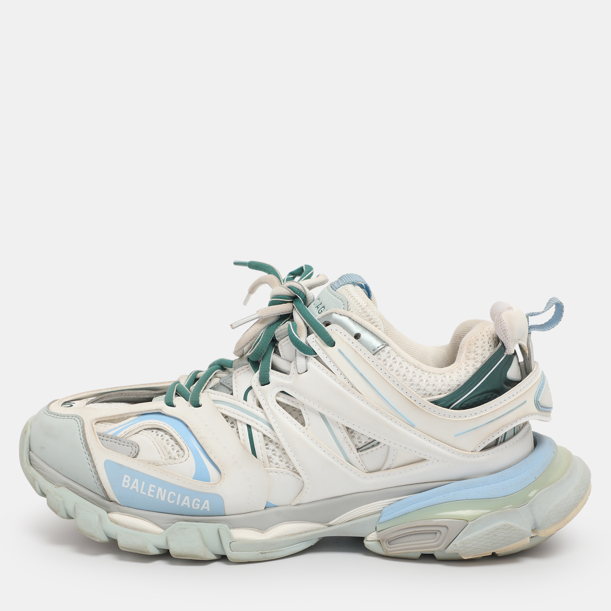 

Balenciaga White/Green Mesh and Faux Leather Track Sneakers Size 40