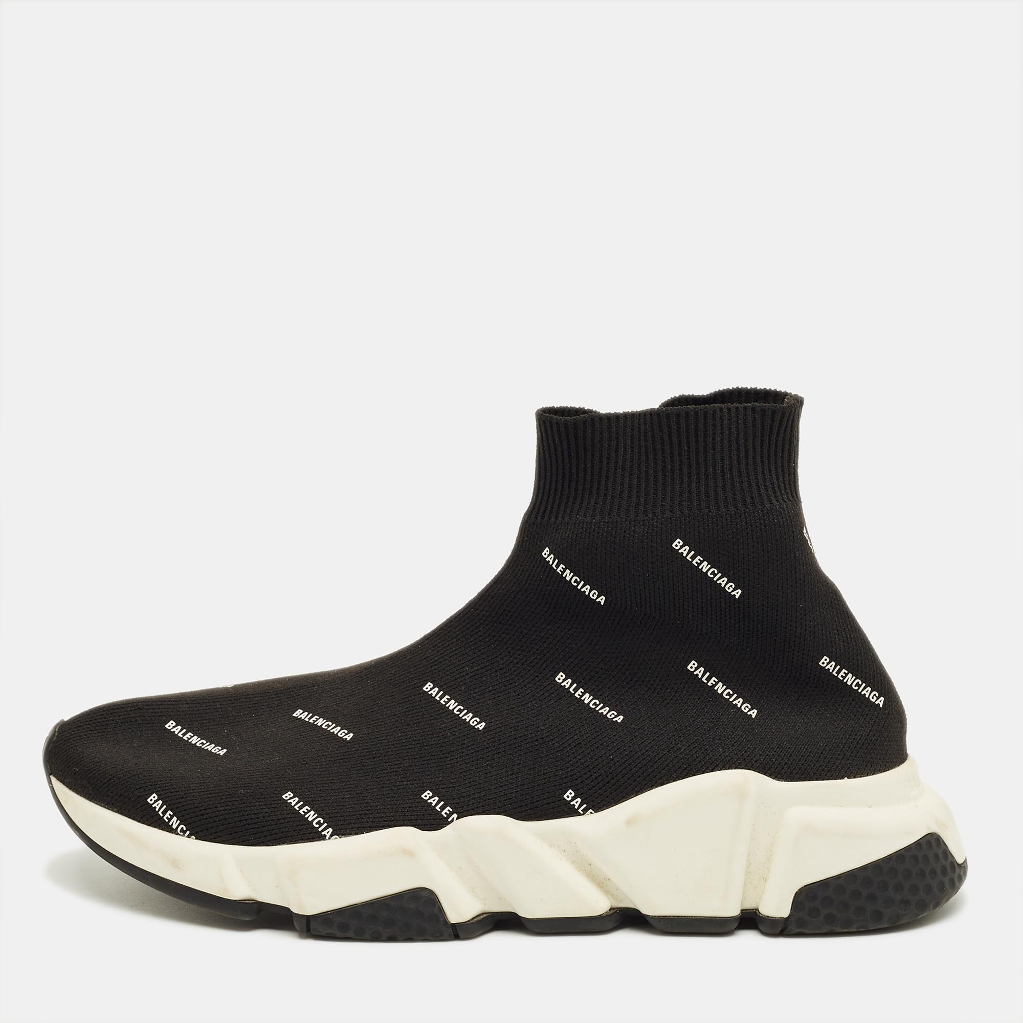 

Balenciaga Black/White Knit Fabric Allover Logo Speed Trainer Sneakers Size