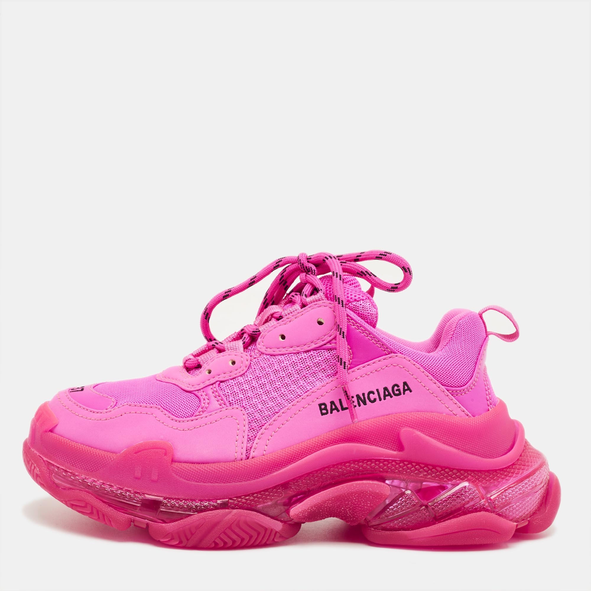 

Balenciaga Pink Faux Leather and Mesh Triple S Clear Sole Sneakers Size