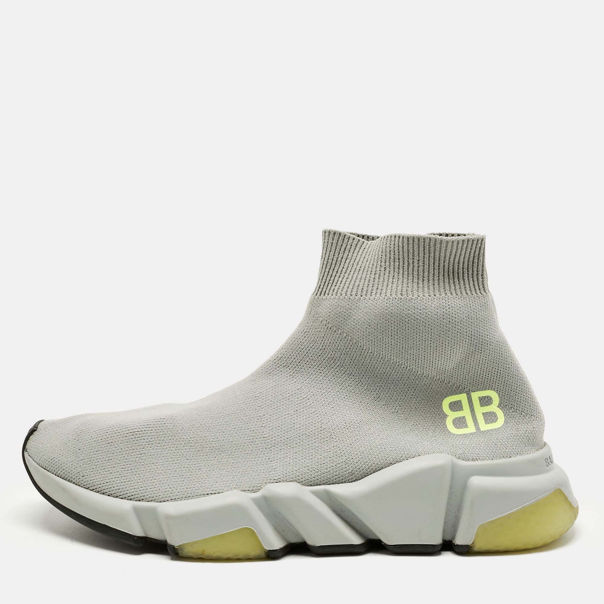 Pre-owned Balenciaga Grey Knit Fabric Speed Trainer High Top Sneakers Size 37 In Gray