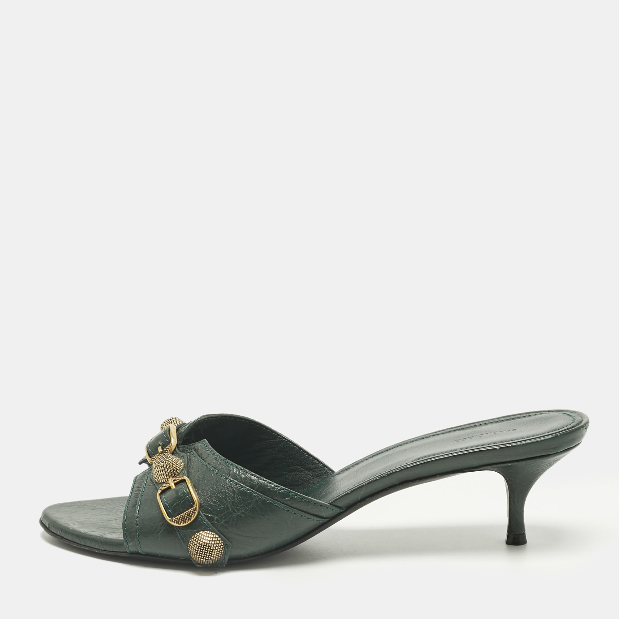 Pre-owned Balenciaga Green Leather Le Cagole Studded Slide Sandals Size 41