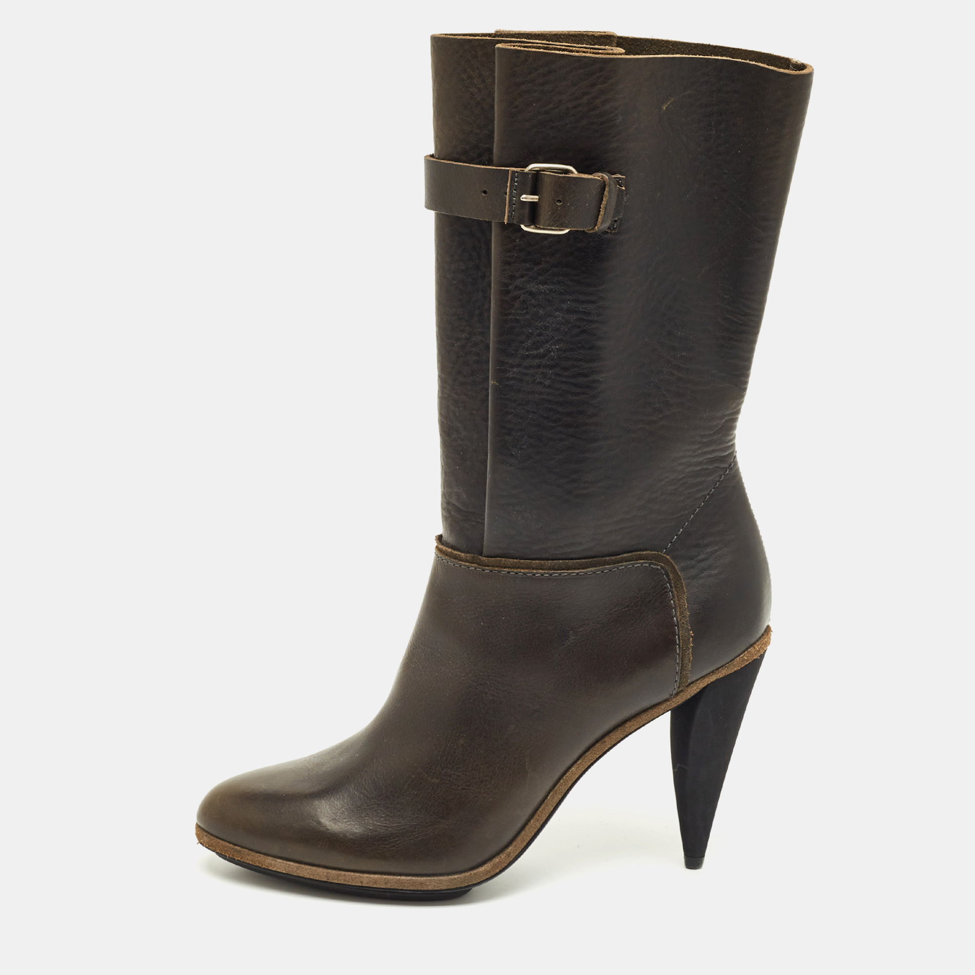 

Balenciaga Dark Green Leather Buckle Details Mild Calf Length Boots Size