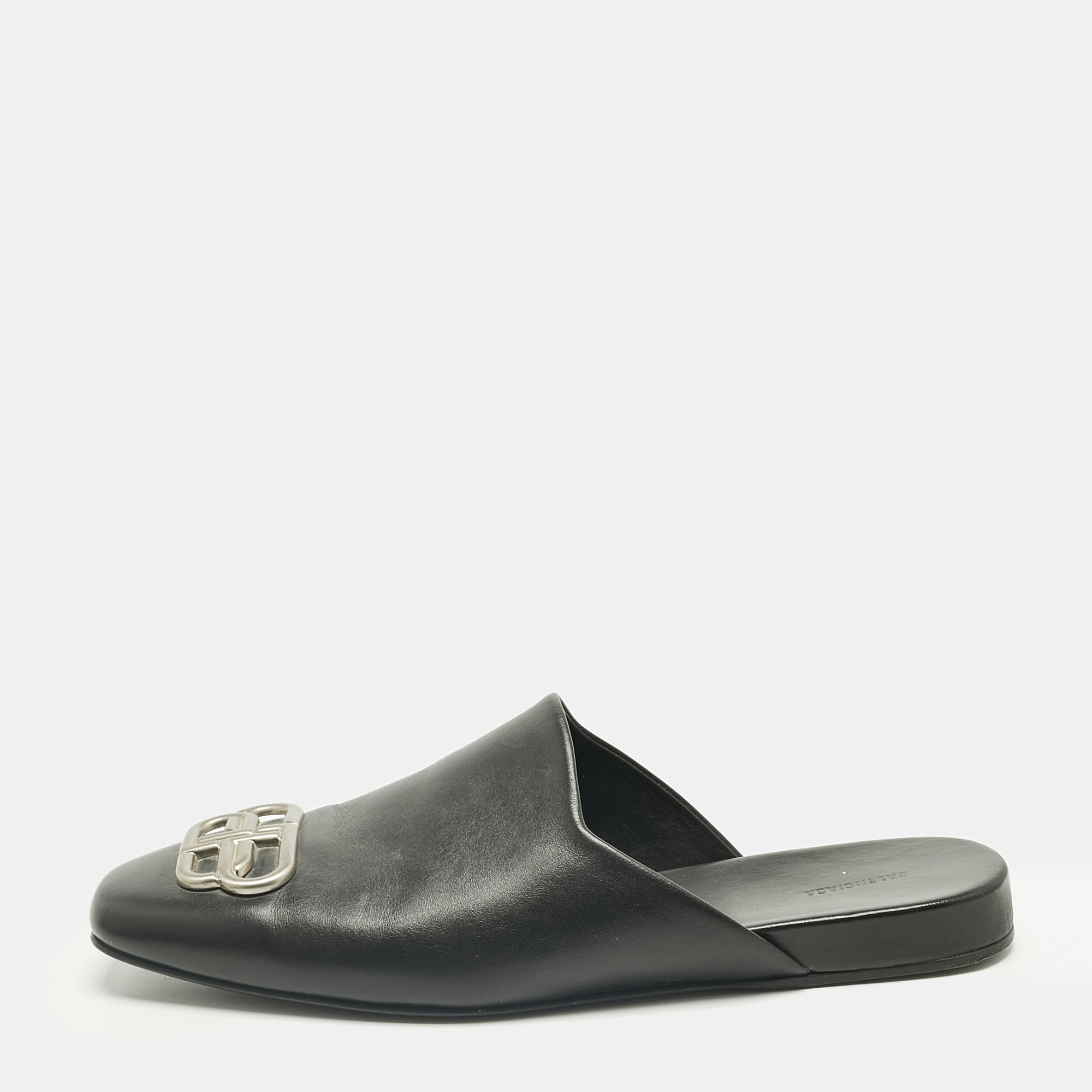 Pre-owned Balenciaga Black Leather Cosy Bb Flat Mules Size 41