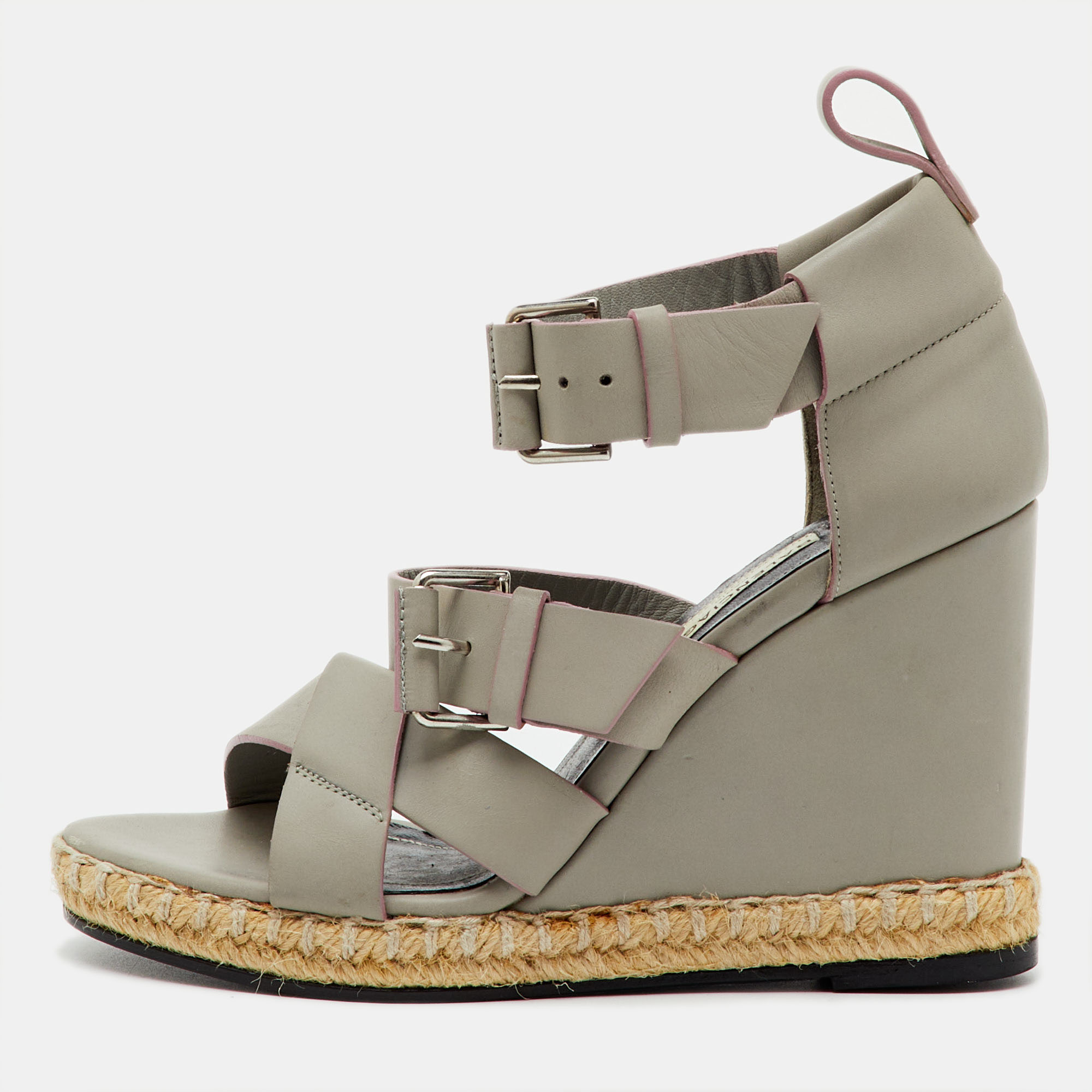 

Balenciaga Grey Leather Ankle Strap Espadrille Wedge Sandals Size