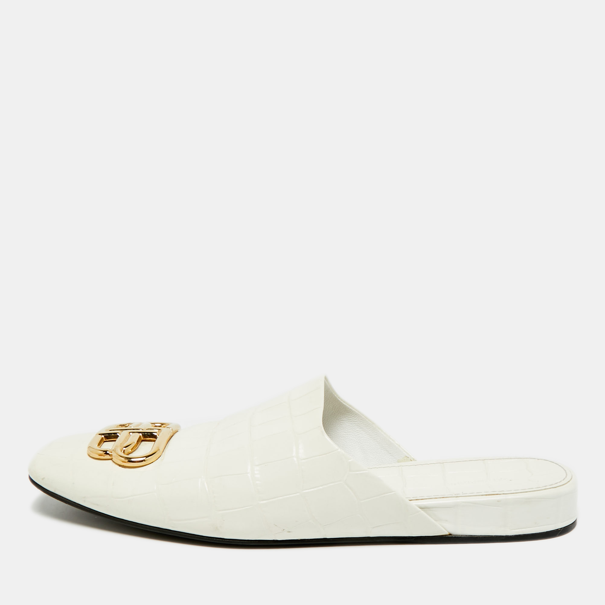 BALENCIAGA Pre-owned Cream Croc Embossed Leather Cosy Bb Flat Mules Size 38 In White