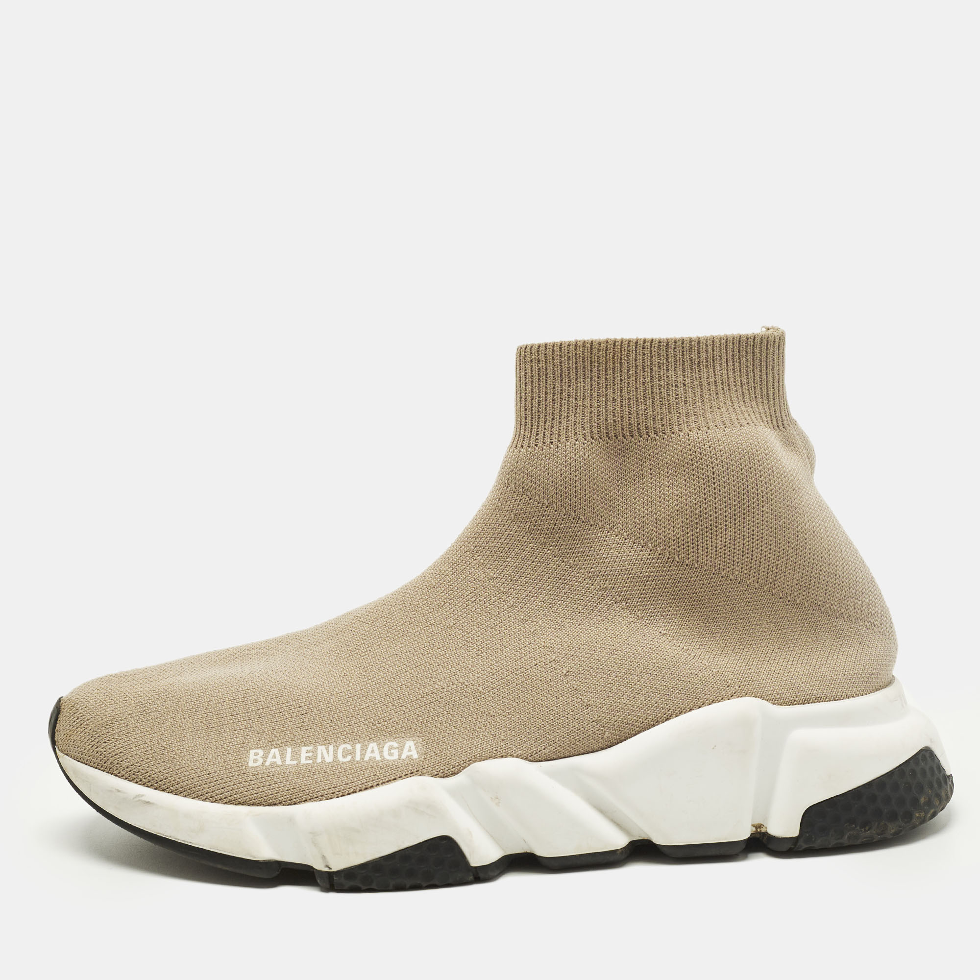 

Balenciaga Speed Trainer Size 38 Beige Knit Fabric High Top Sneakers