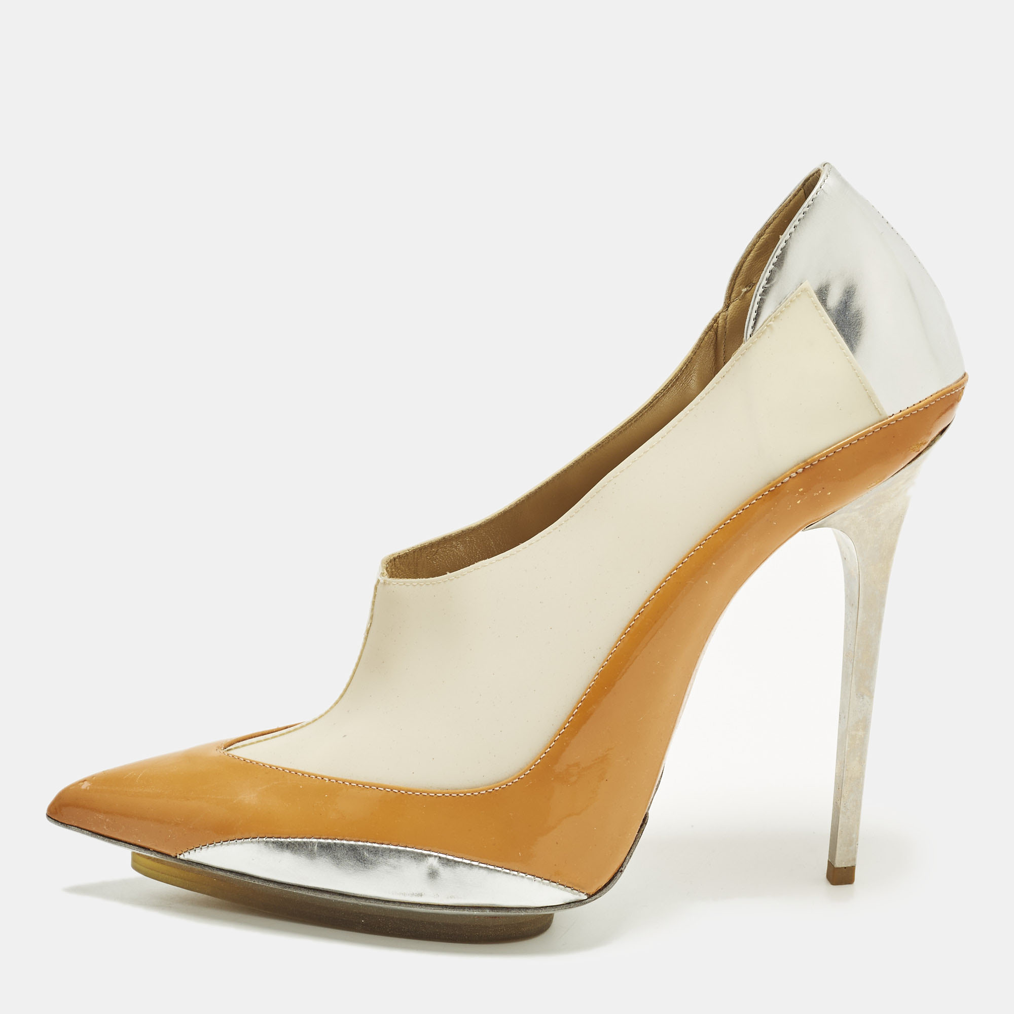 

Balenciaga Size 41Tricolor Faux Leather and Patent Leather Pointed Toe Platform Pumps, Beige
