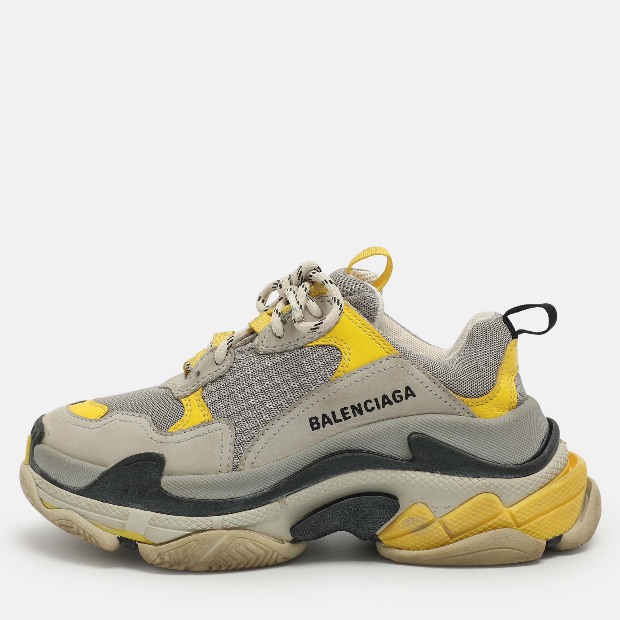 

Balenciaga Triple S Size  Grey/Yellow Leather and Mesh Lace Up Sneakers