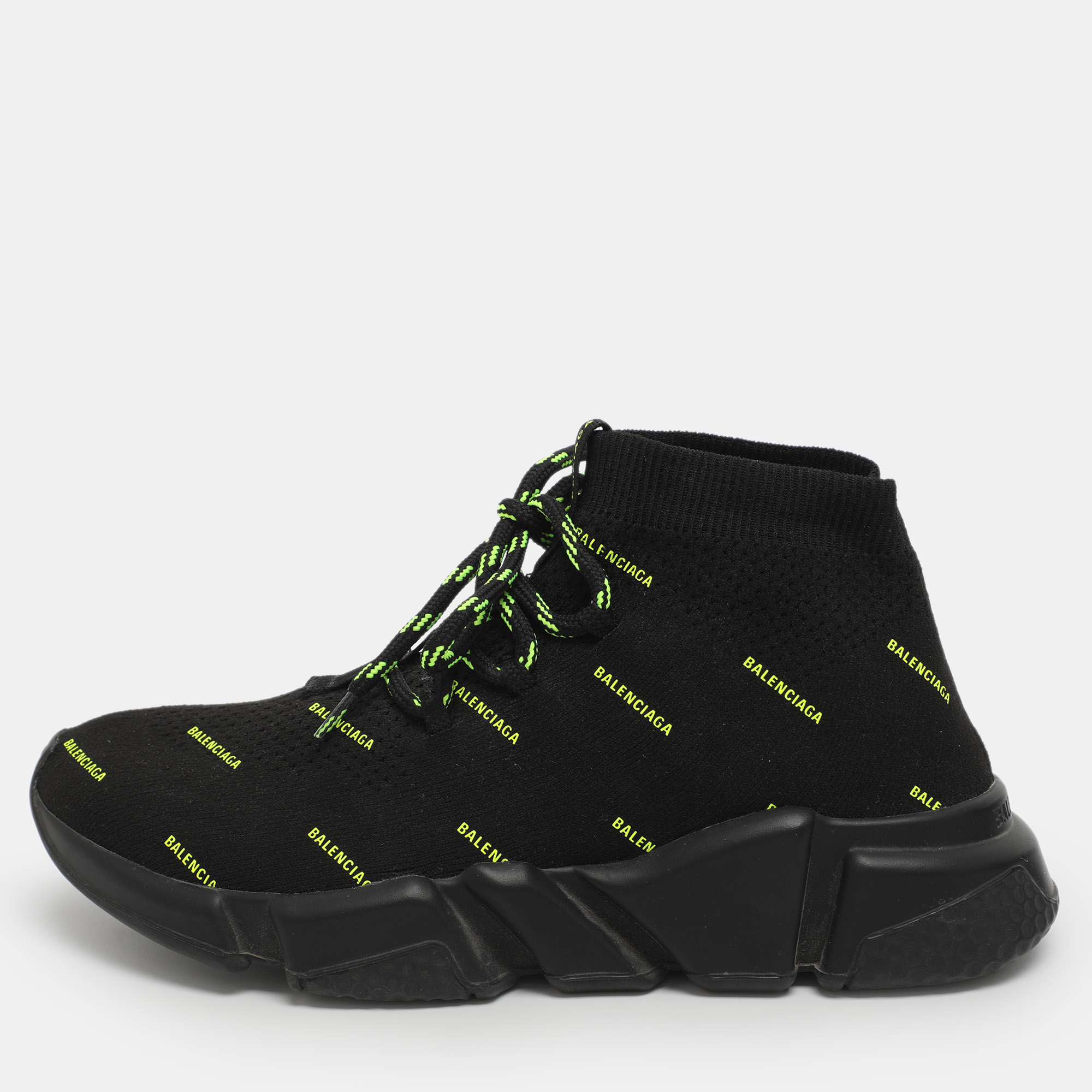 

Balenciaga Triple S All Over Logo Size  Black Knit Fabric High Top Sneakers