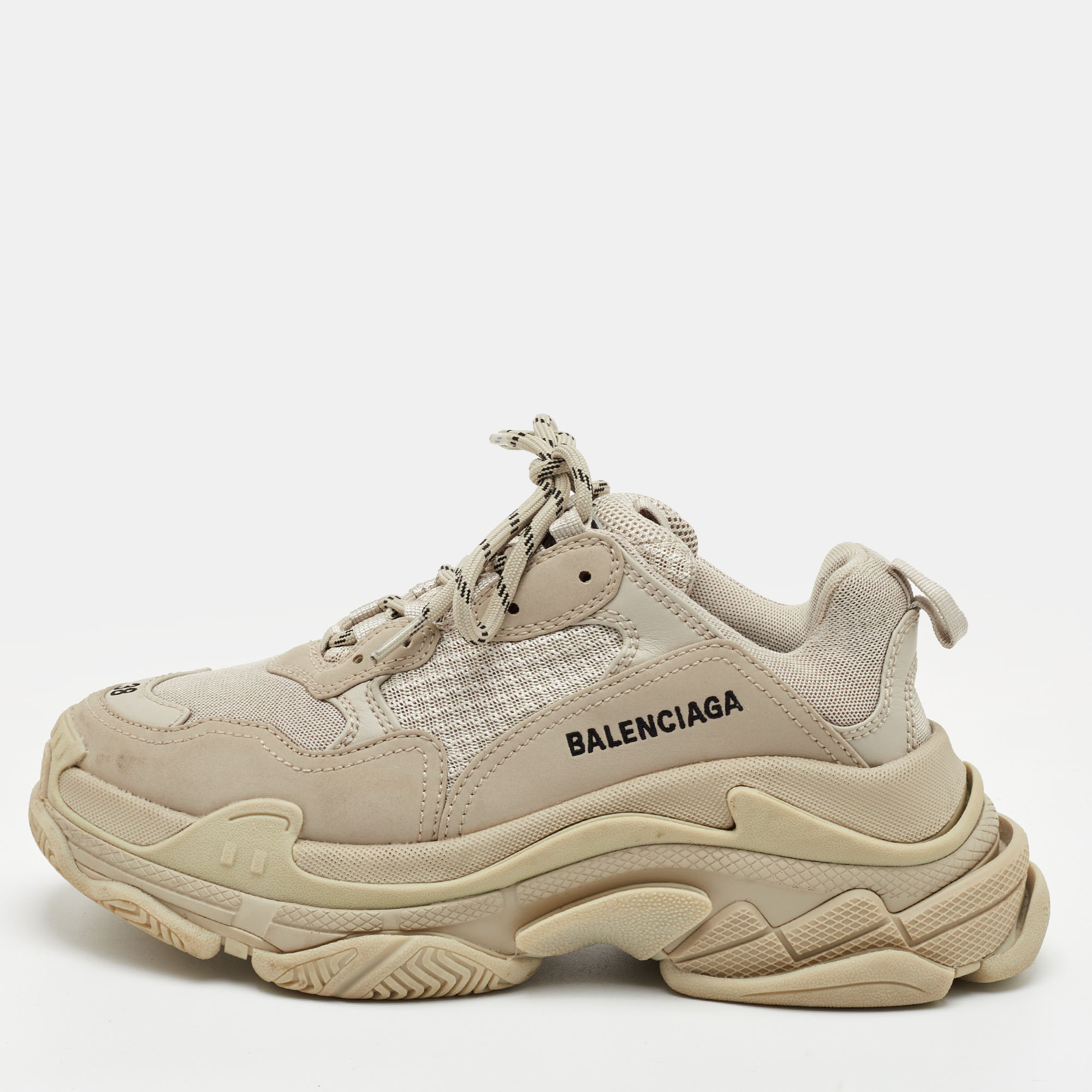 

Balenciaga Triple S Size  Beige Faux Leather and Mesh Lace Up Sneakers