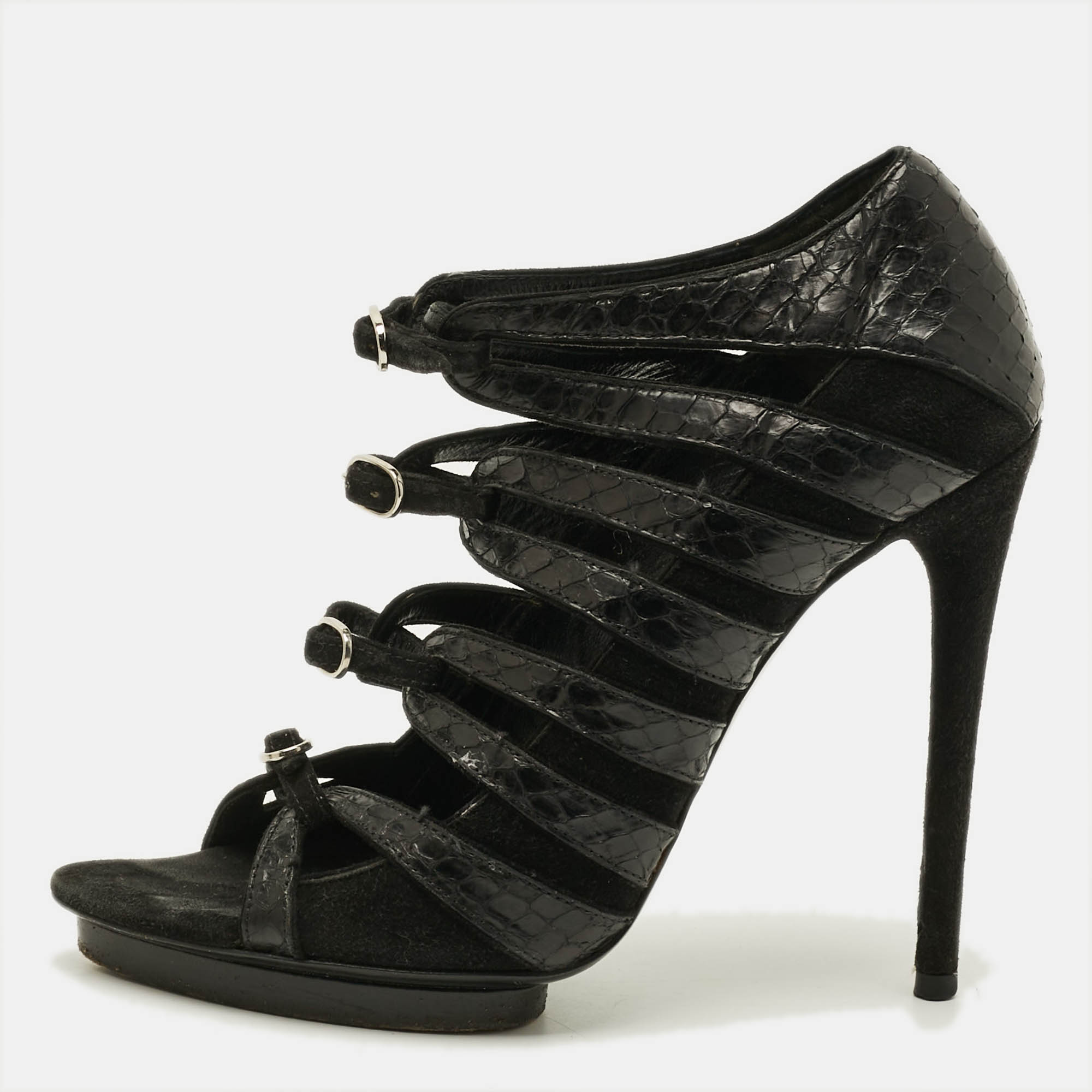 

Balenciaga Size  Black Python Leather Suede Strappy Sandals
