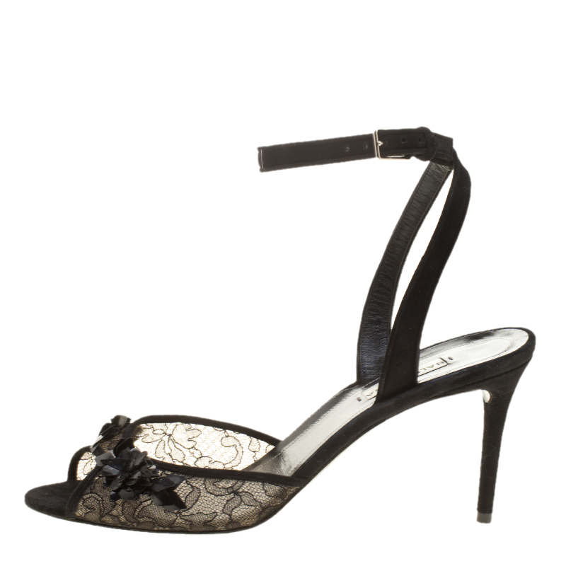 

Balenciaga Black Lace Embellished Ankle Strap Sandals Size