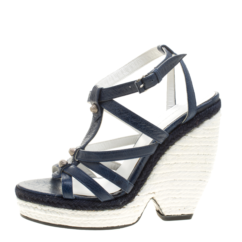 

Balenciaga Blue/White Leather Espadrille Wedge Sandals Size