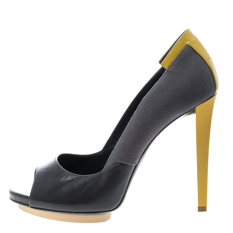 

Balenciaga Grey/Yellow Canvas and Leather Peep Toe Pumps Size