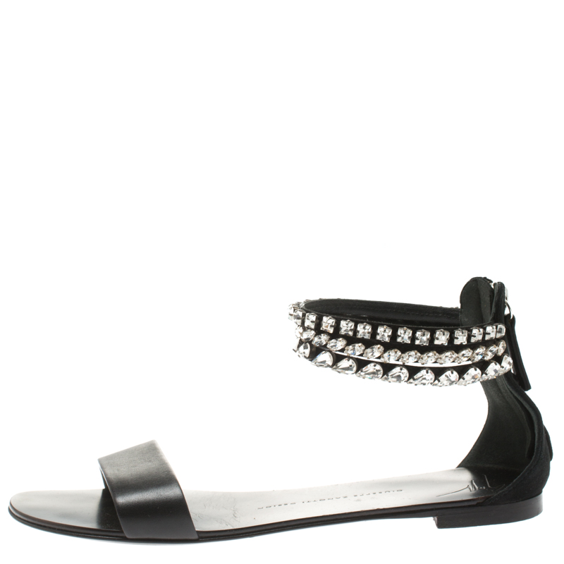 

Giuseppe Zanotti Black Leather And Suede Crystal Embellished Ankle Cuff Flat Sandals Size
